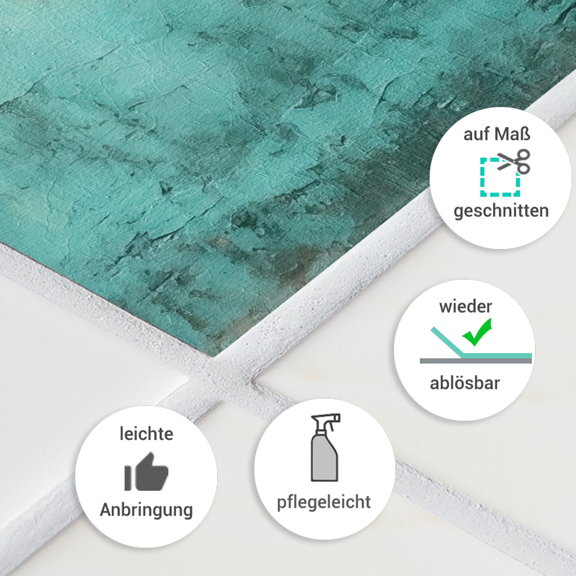 Türkisfarbener Wandaufkleber, leicht anbringbar und ablösbar.