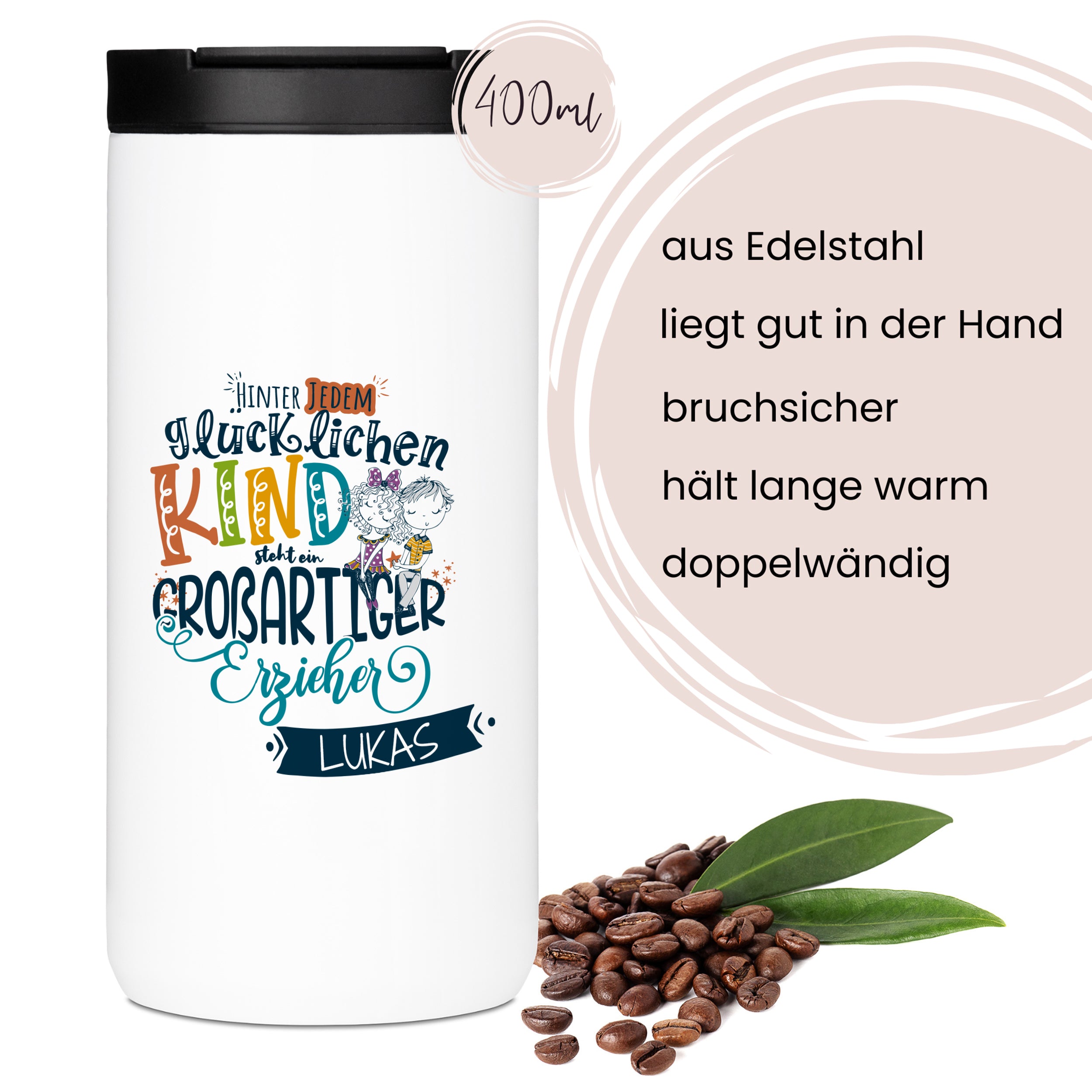 Edelstahl-Thermobecher, weiß mit buntem Aufdruck, 400ml.