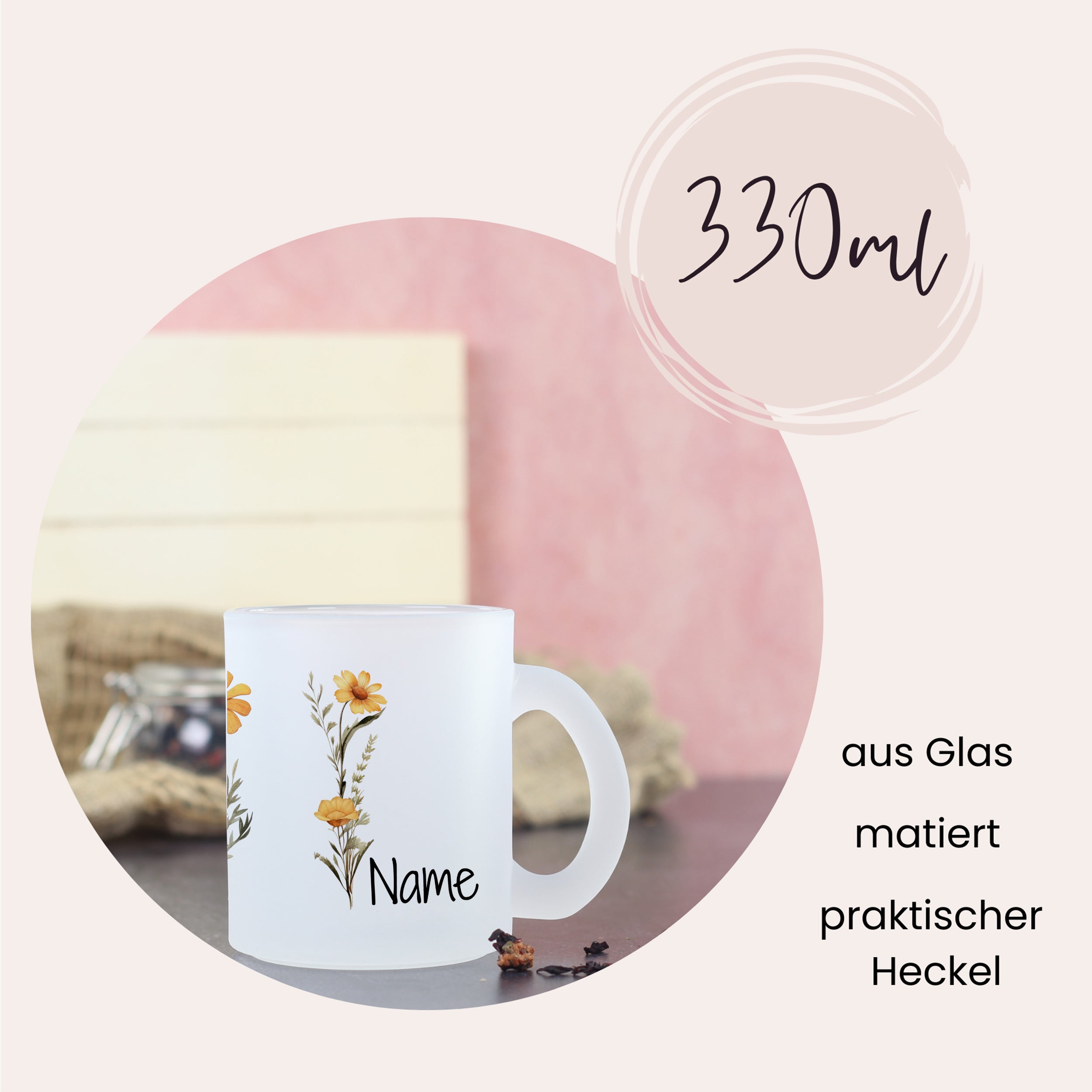 Glastasse mit Blumenmotiv