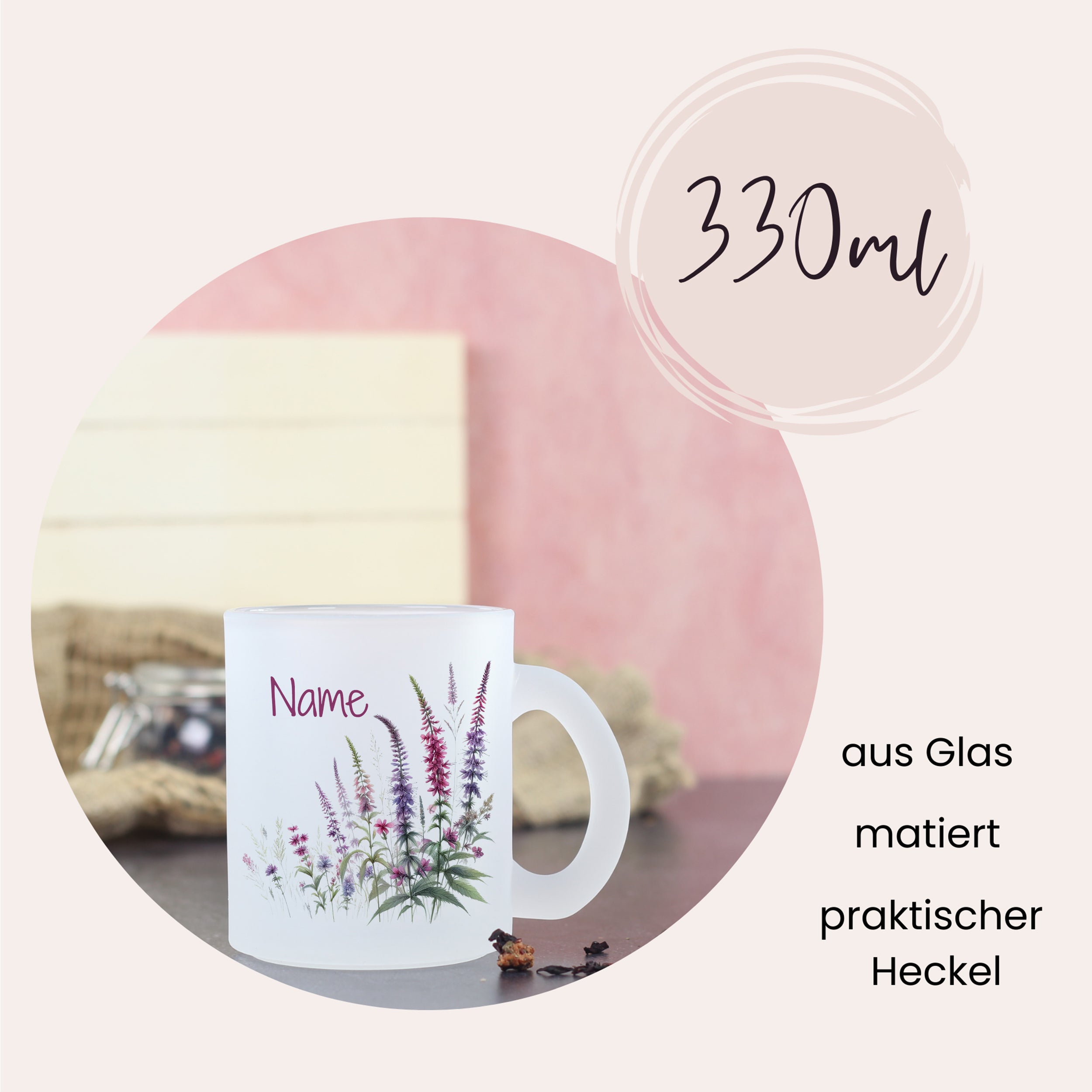 Glastasse mit Blumenmotiv