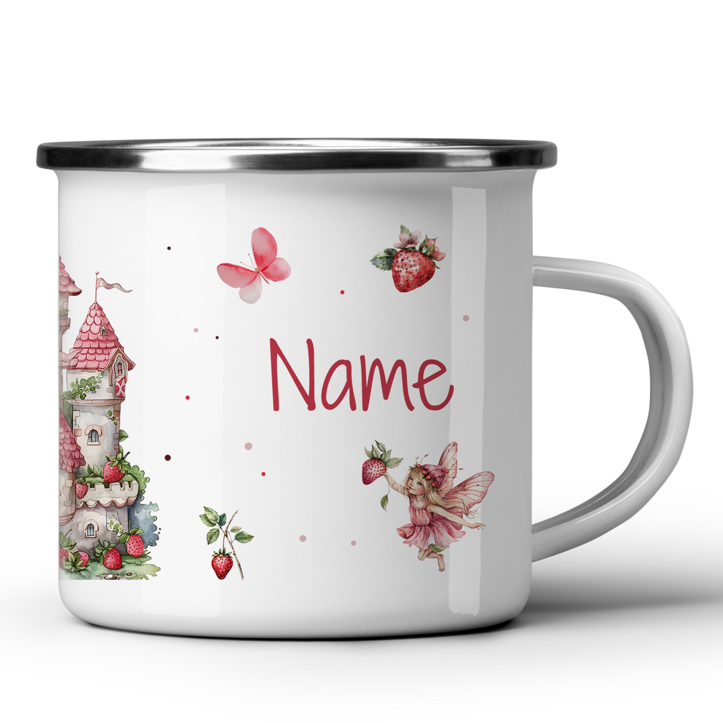 Emaille Tasse mit Märchenschloss und Feen