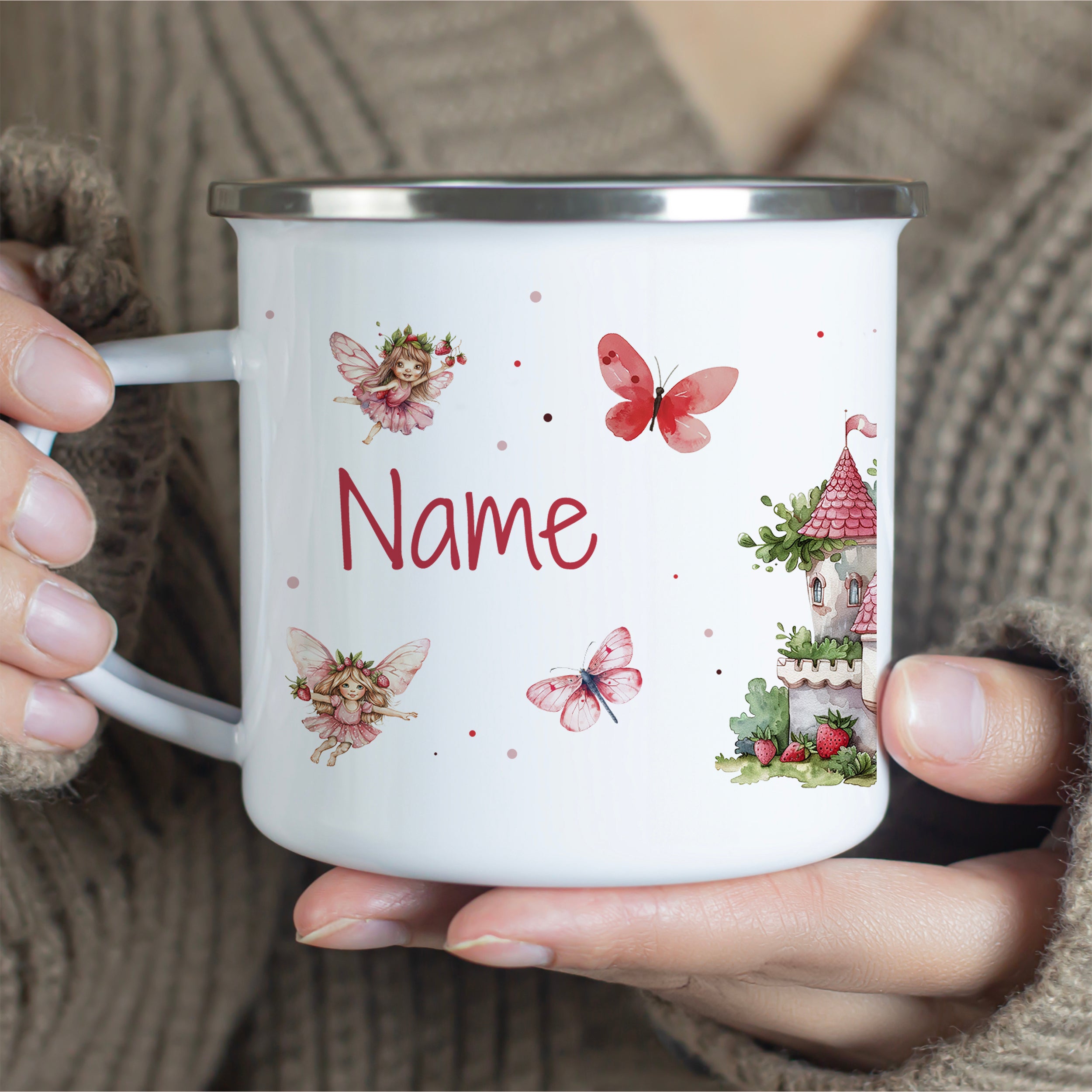 Emaille Tasse mit Märchenschloss und Feen