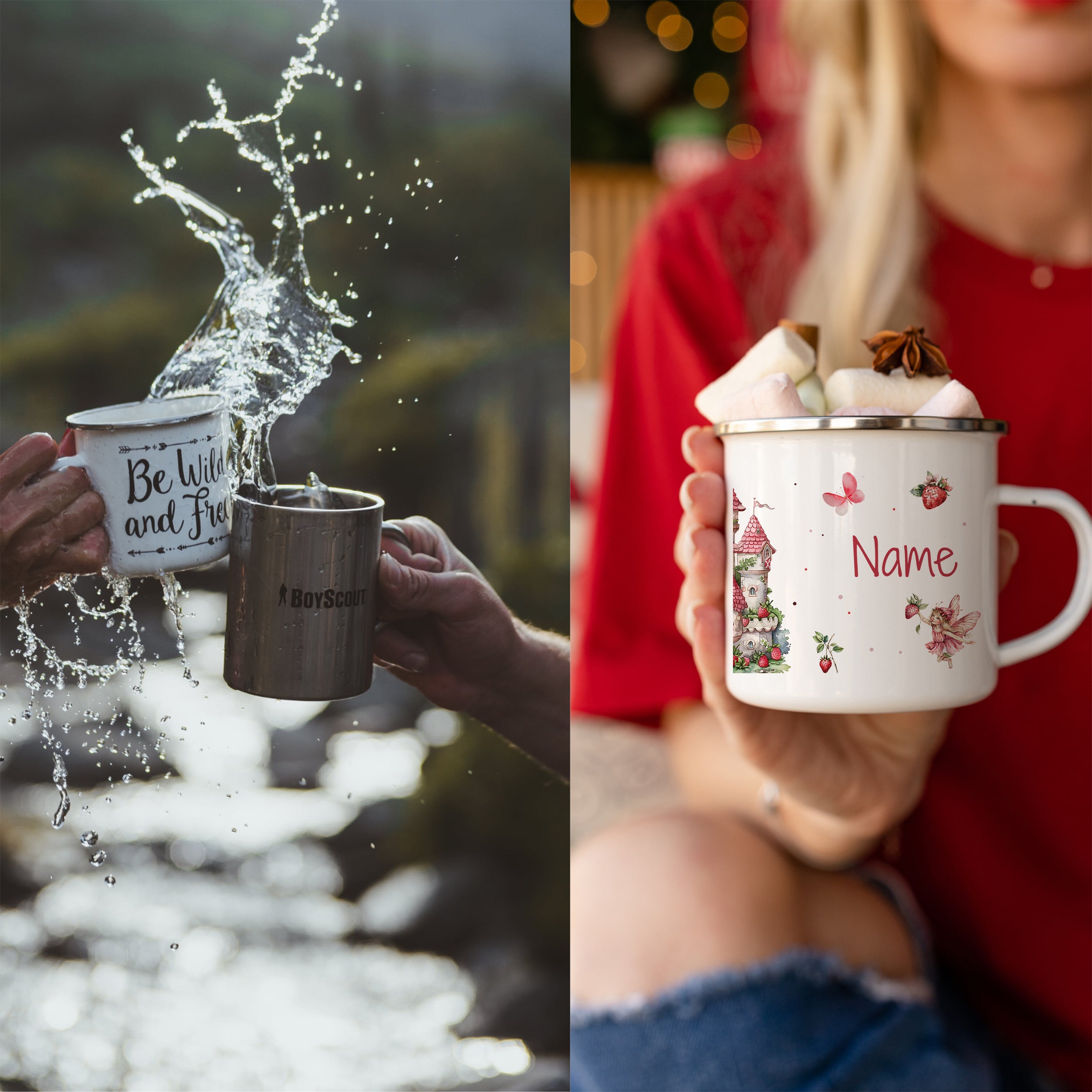 Emaille Tasse mit Märchenschloss und Feen