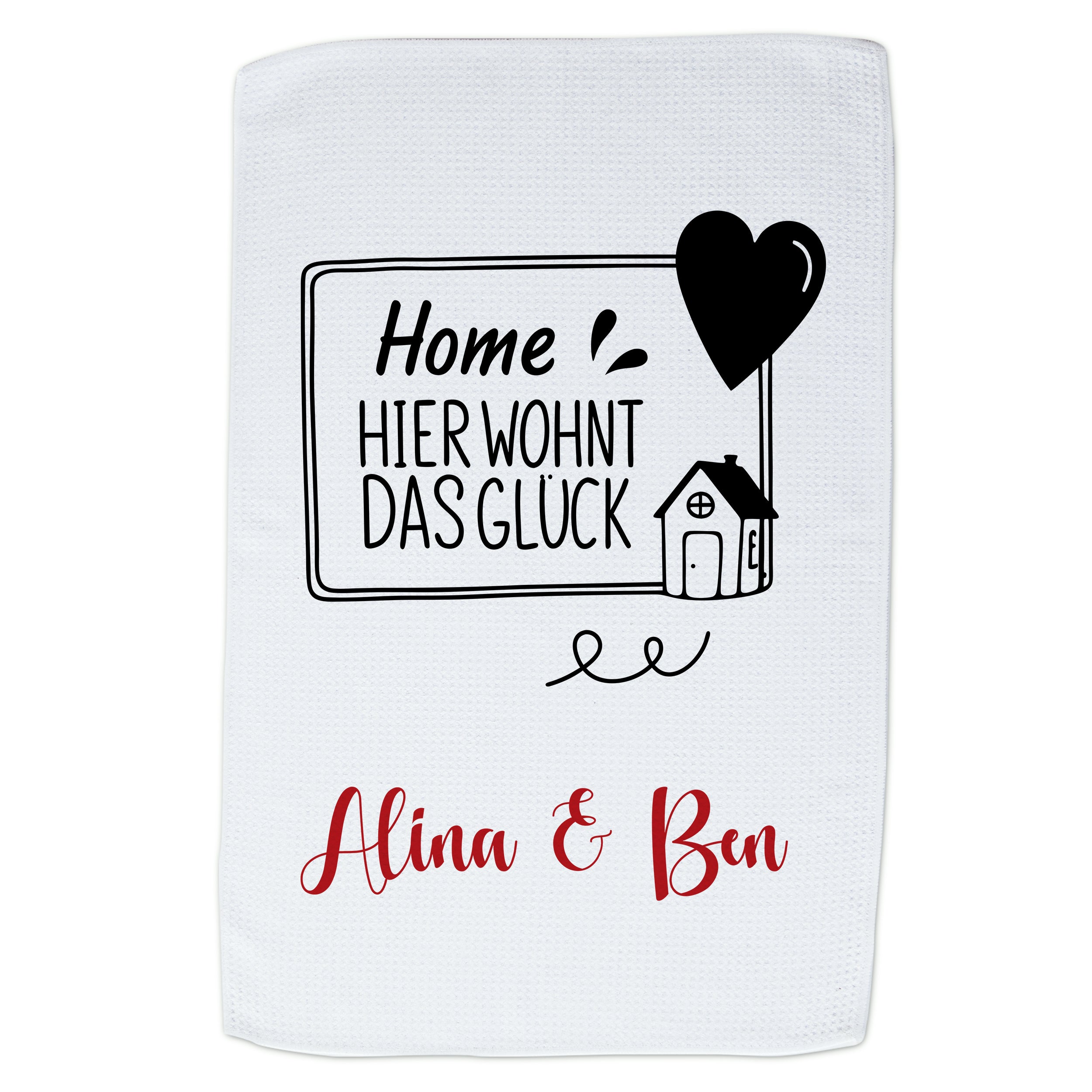 Weißes Handtuch mit schwarzem und rotem Druck, personalisiert.