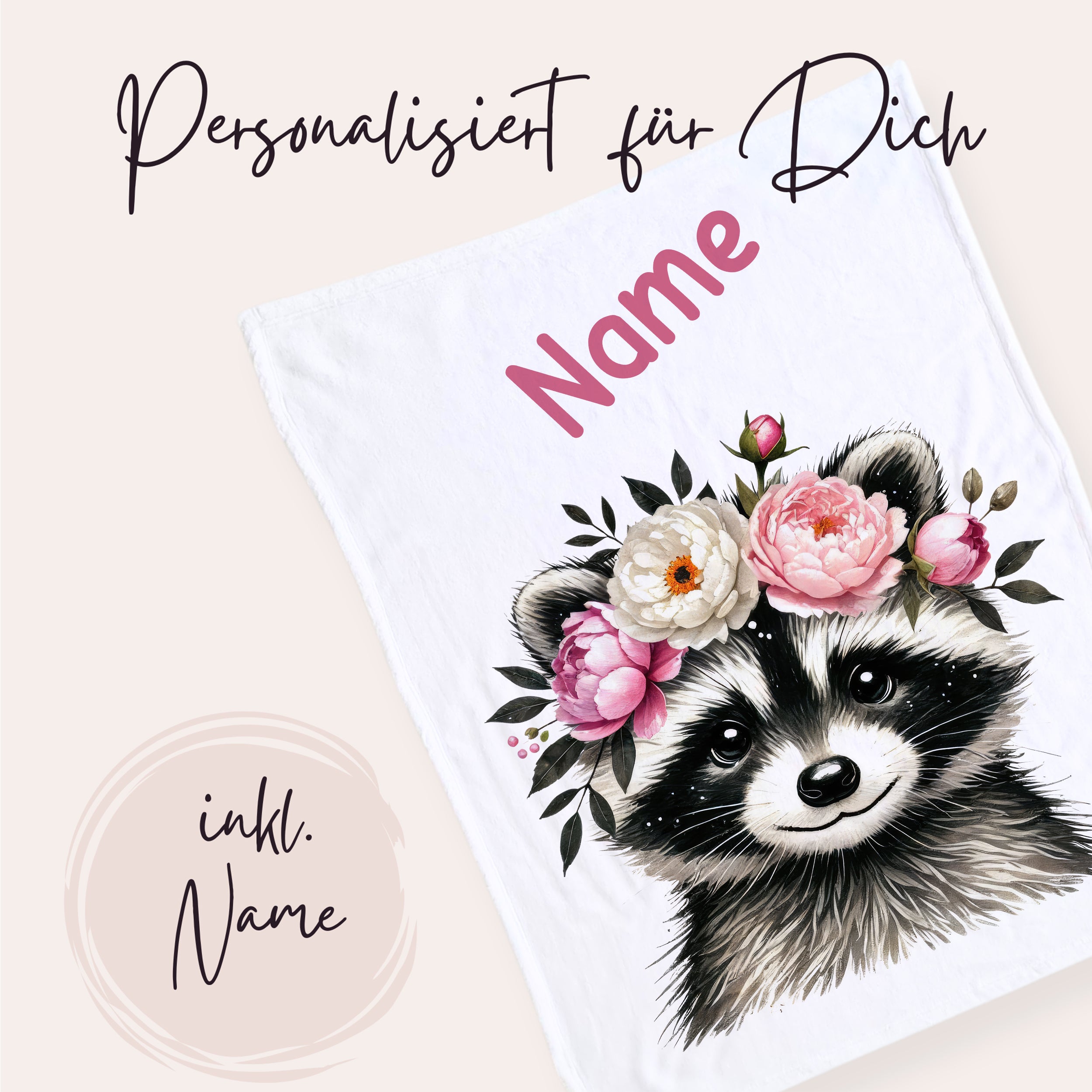 Babydecke Waschbär mit Blumen