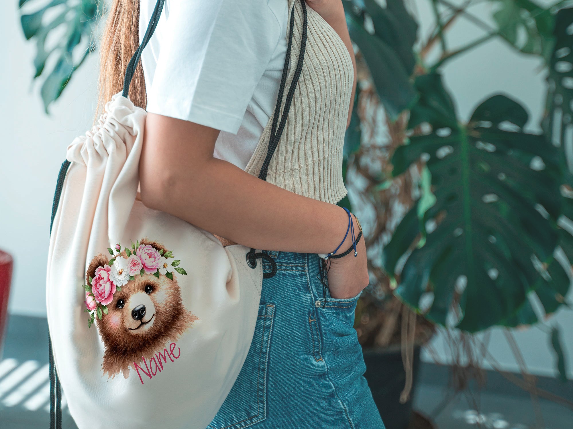 Turnbeutel Bär mit Blumenkranz