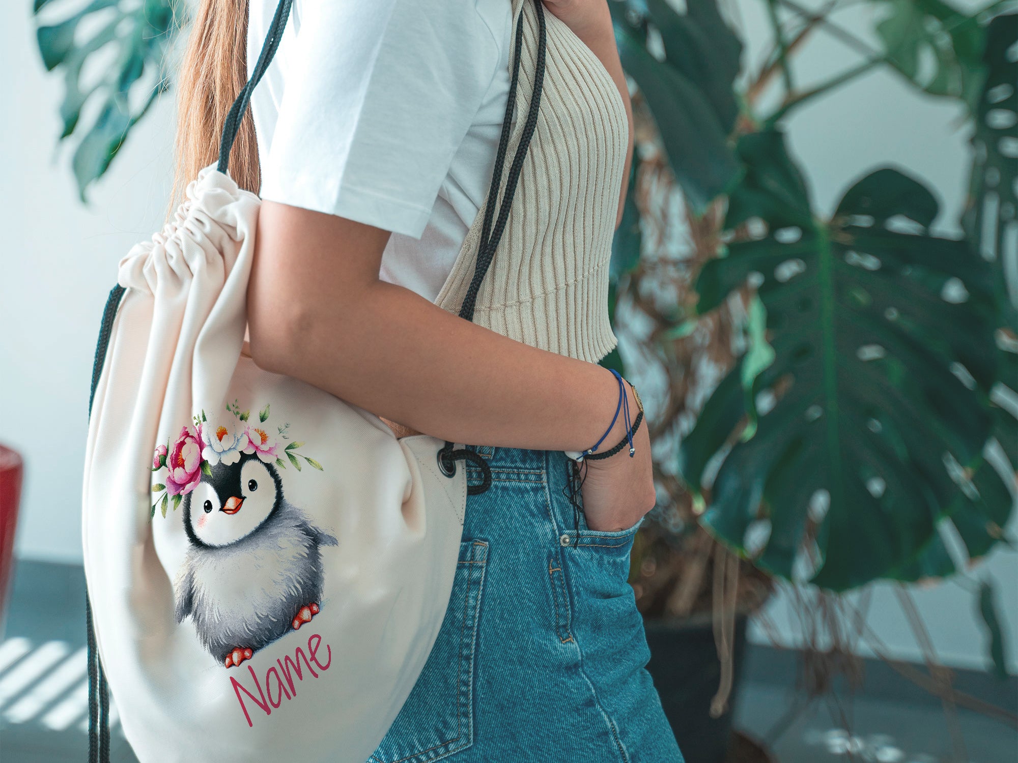 Turnbeutel mit Pinguin und Blumen