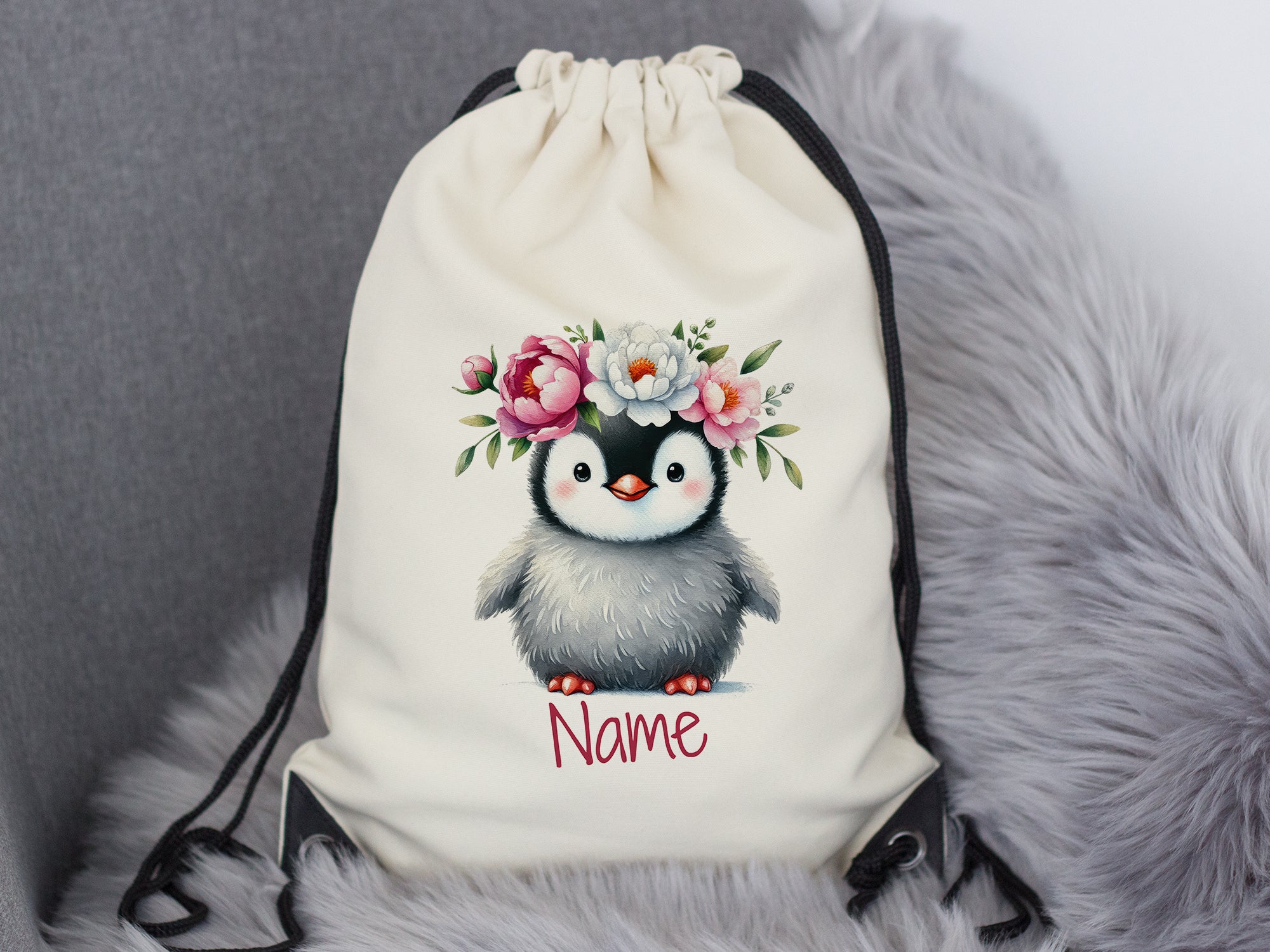Turnbeutel mit Pinguin und Blumen
