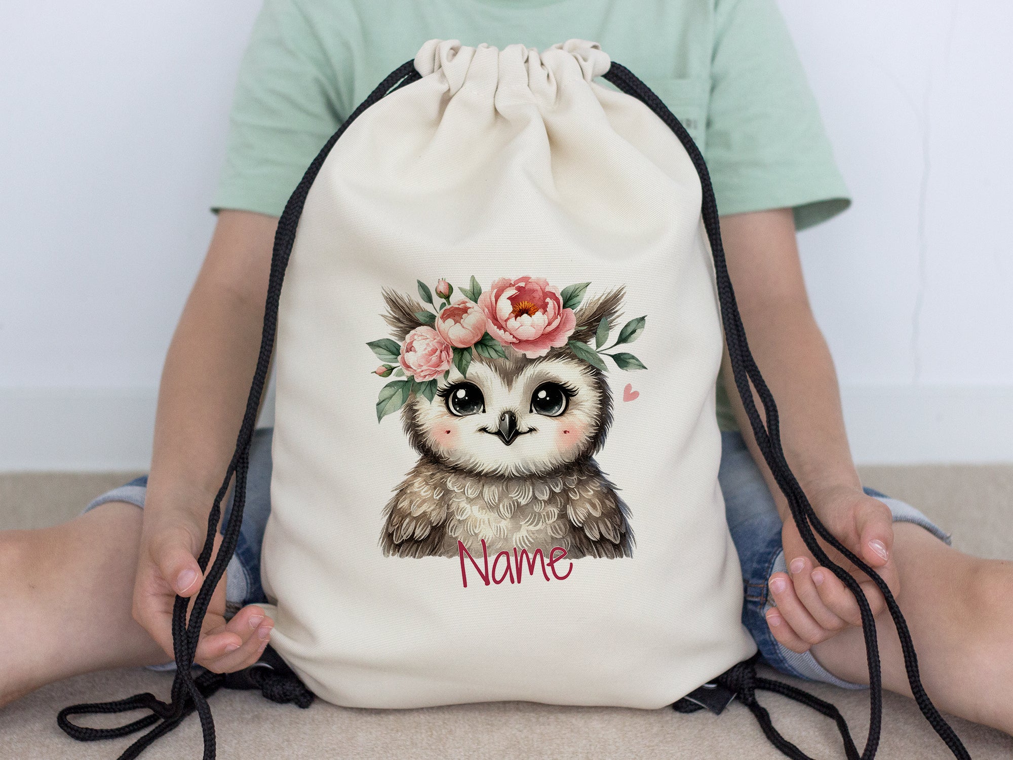 Turnbeutel Eule mit Blumenkranz