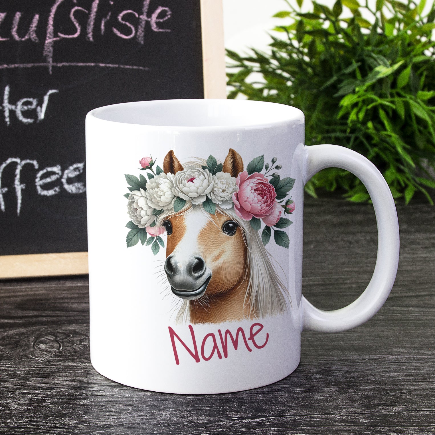 Tasse Pferd mit Blumenkranz