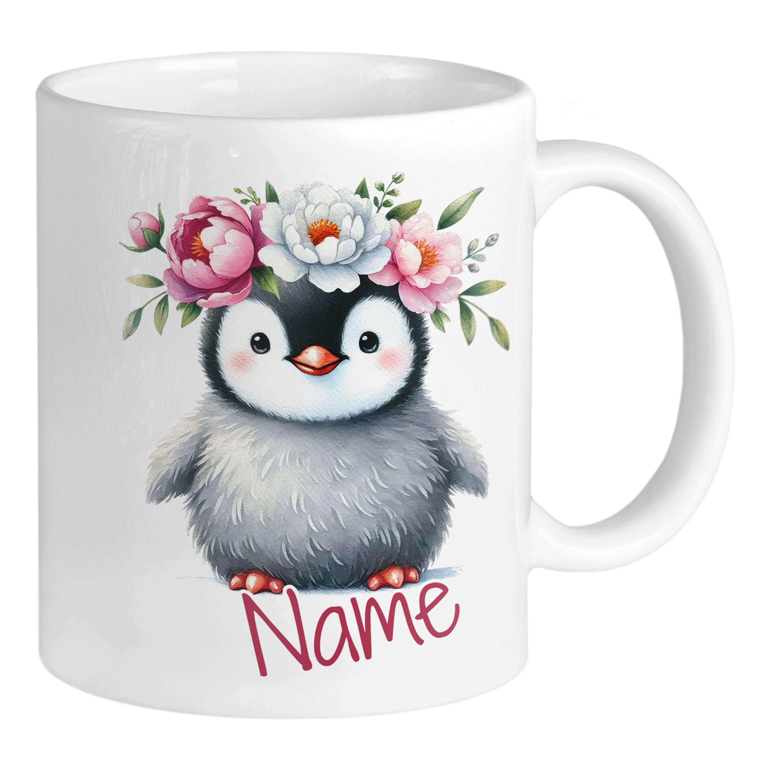 Tasse Pinguin mit Blumenkranz