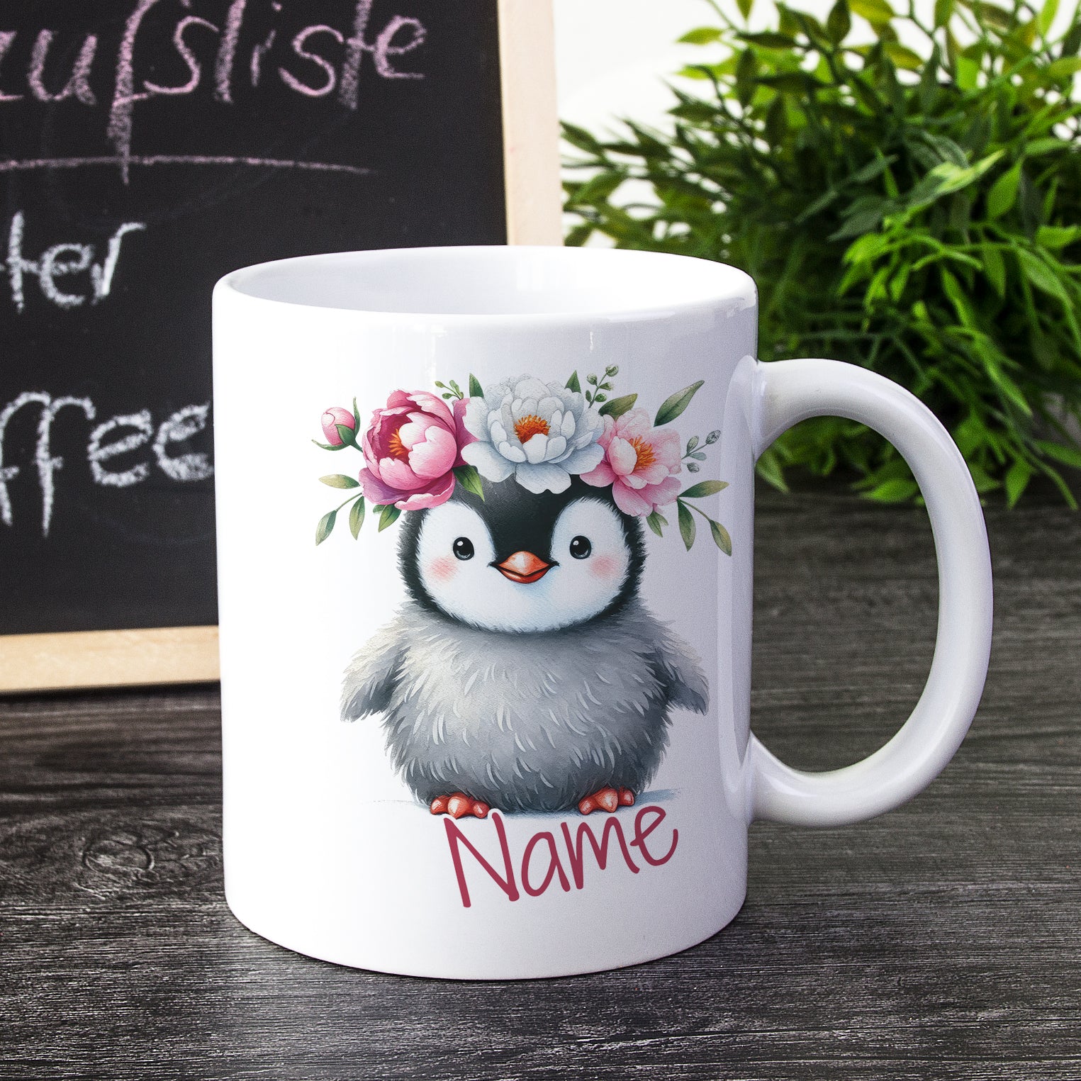 Tasse Pinguin mit Blumenkranz