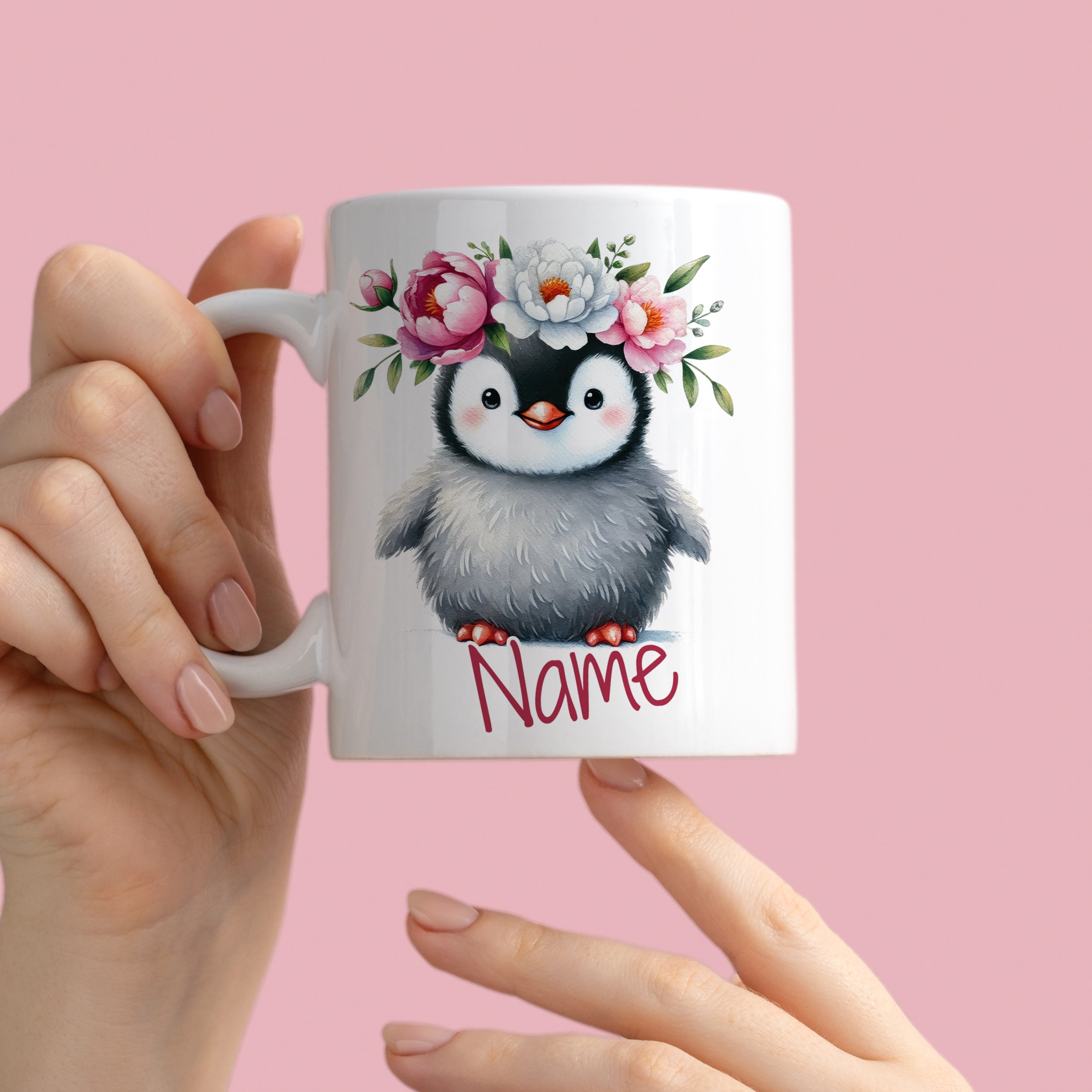 Tasse Pinguin mit Blumenkranz
