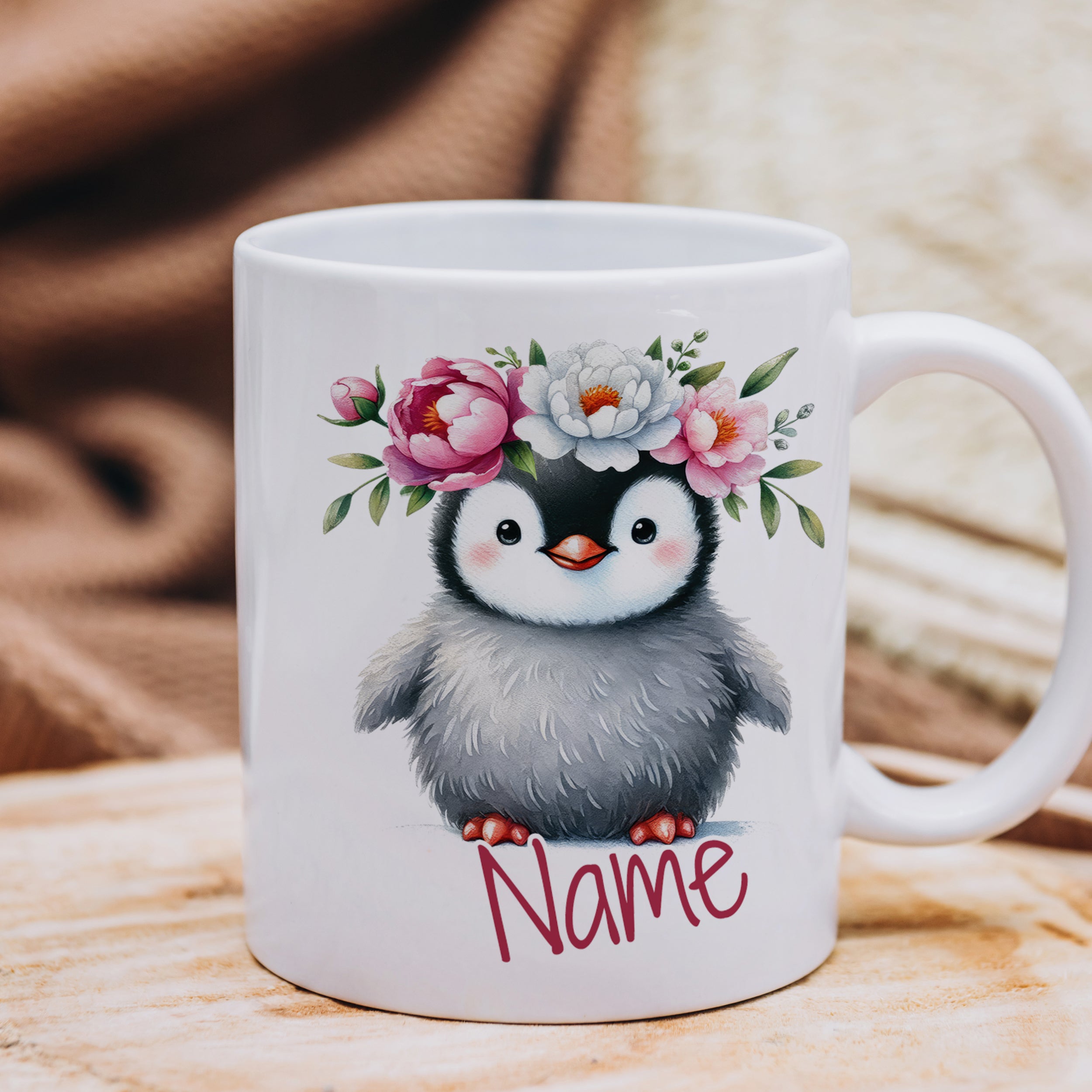 Tasse Pinguin mit Blumenkranz