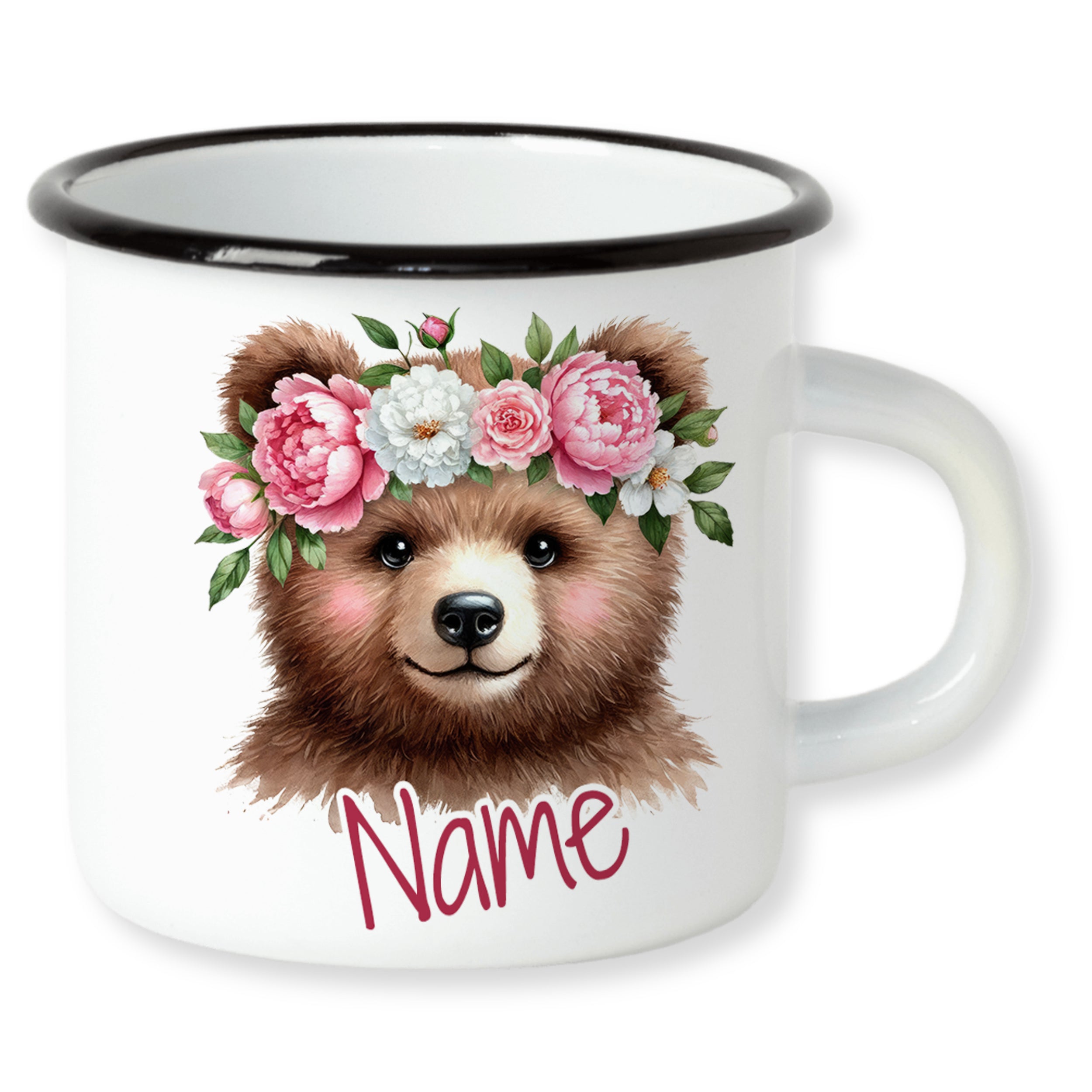 Emaille Becher Bär mit Blumenkranz