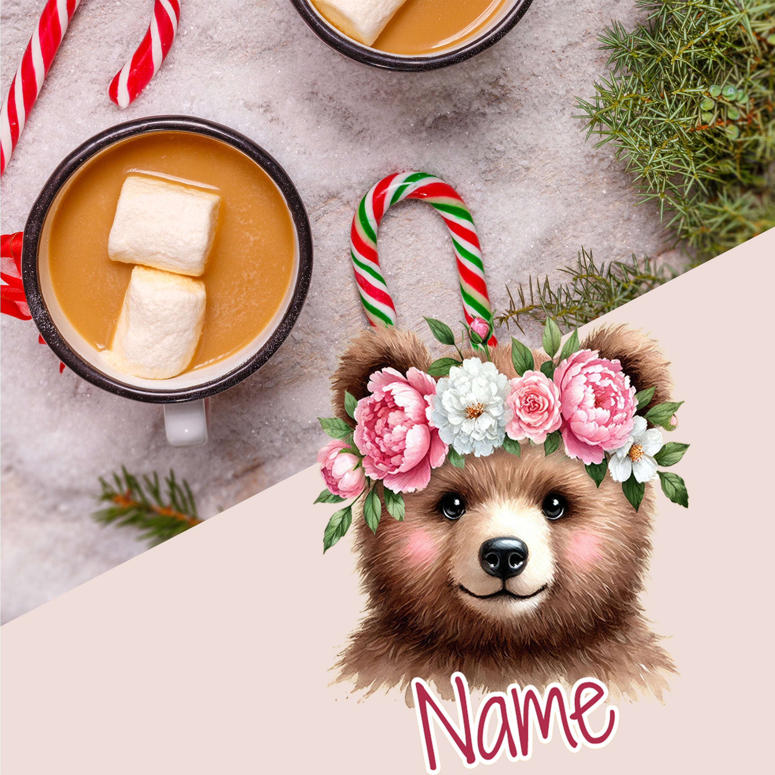 Emaille Becher Bär mit Blumenkranz