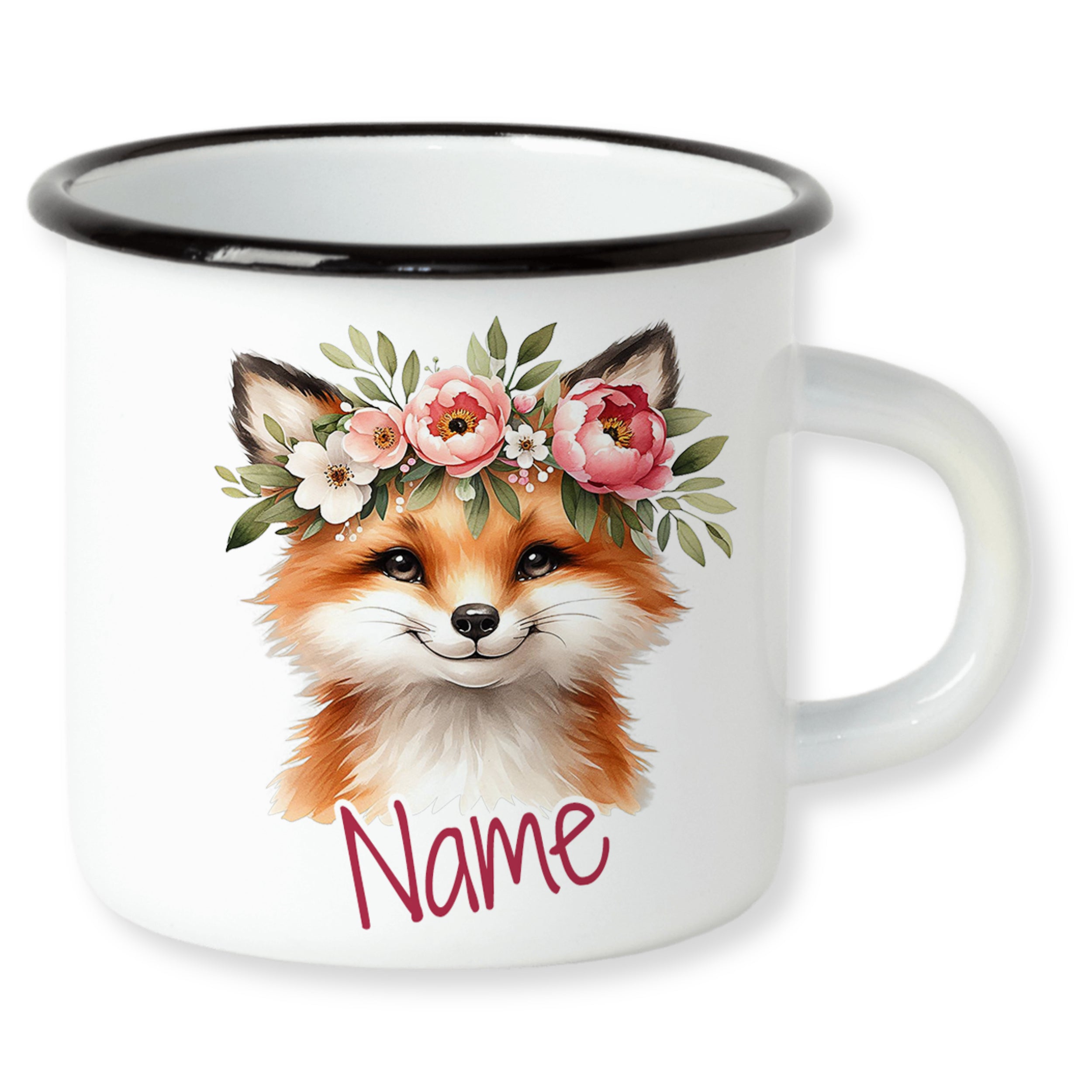 Emaille Becher Fuchs mit Blumenkranz