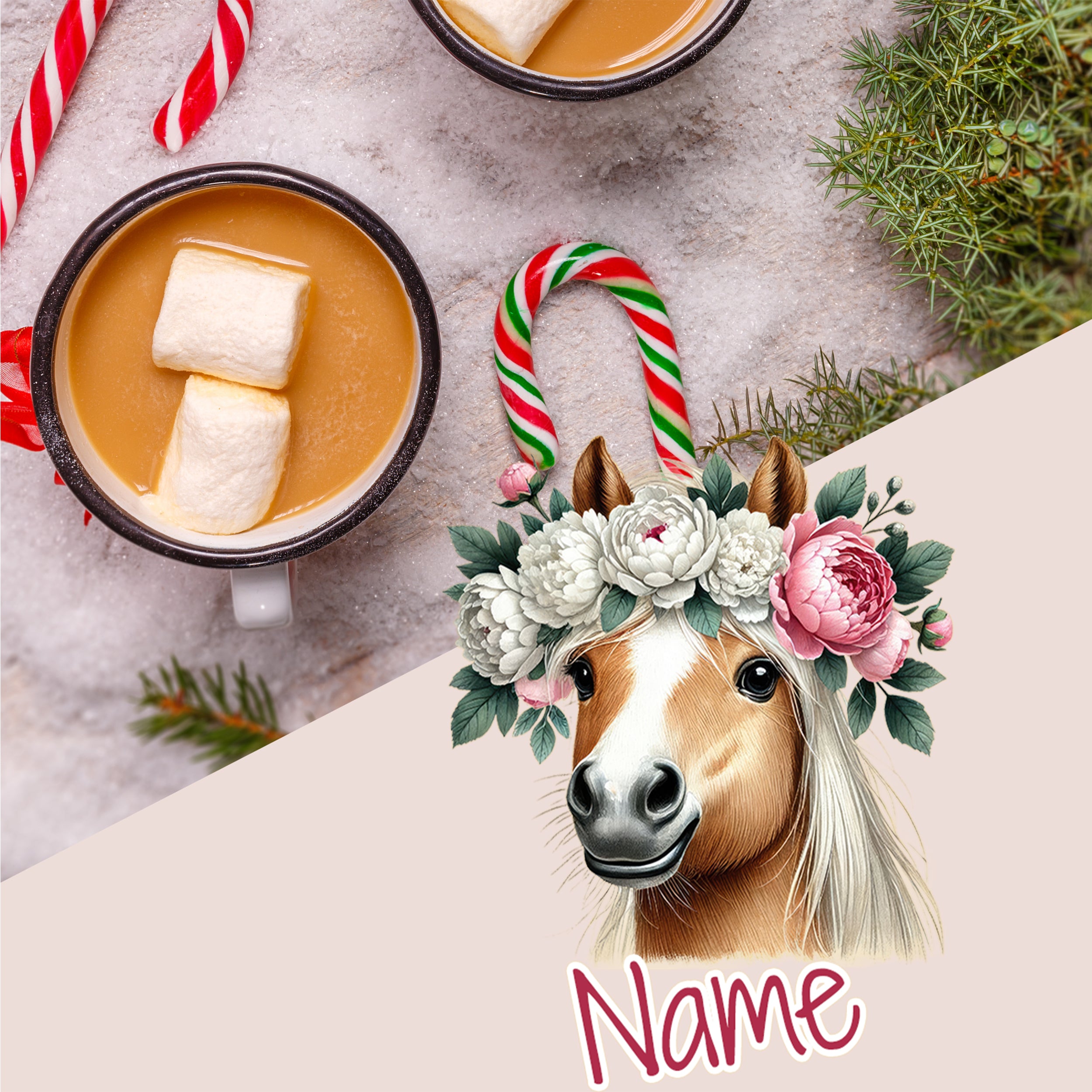 Emaille Becher Pferd mit Blumenkranz