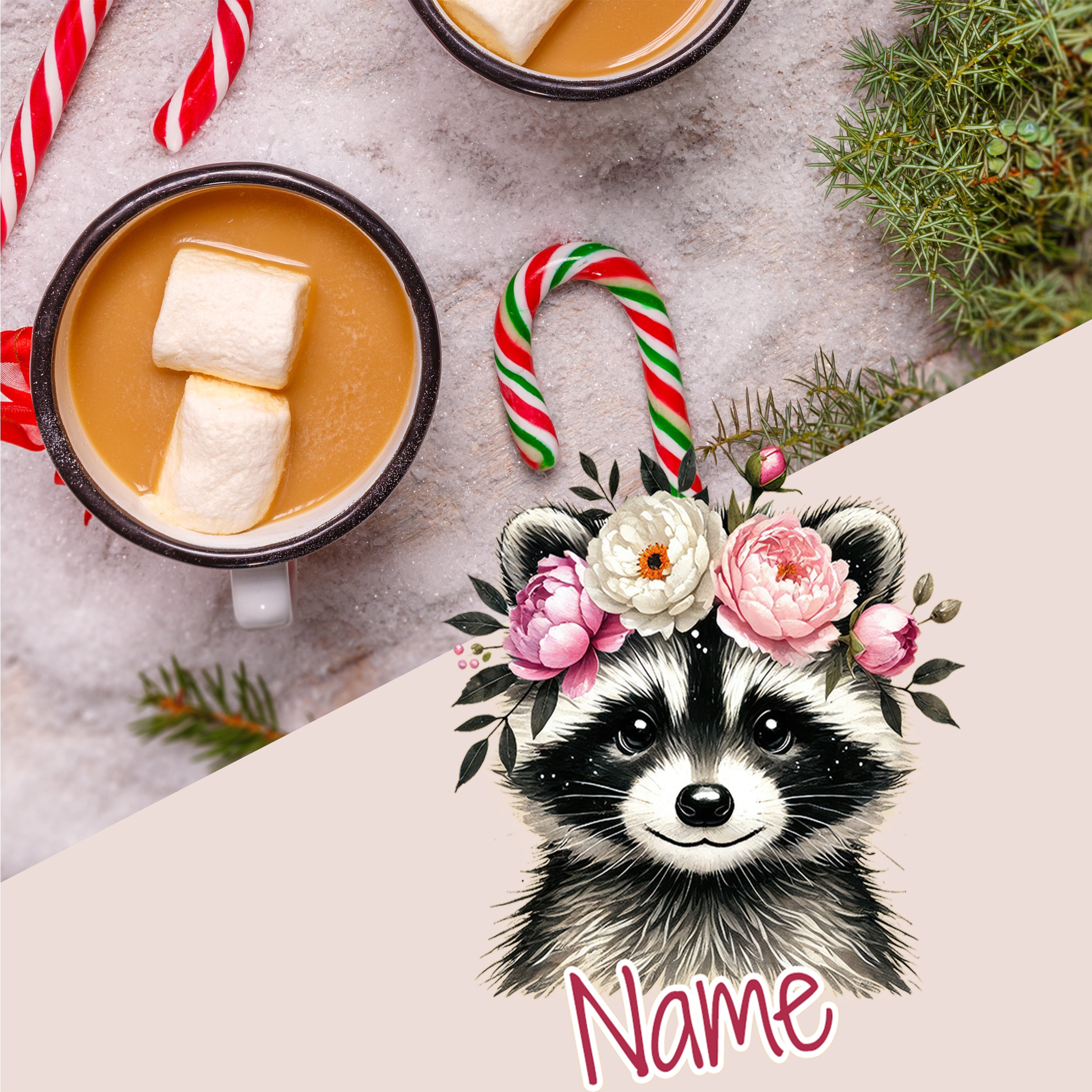 Emaille Becher Waschbär mit Blumen