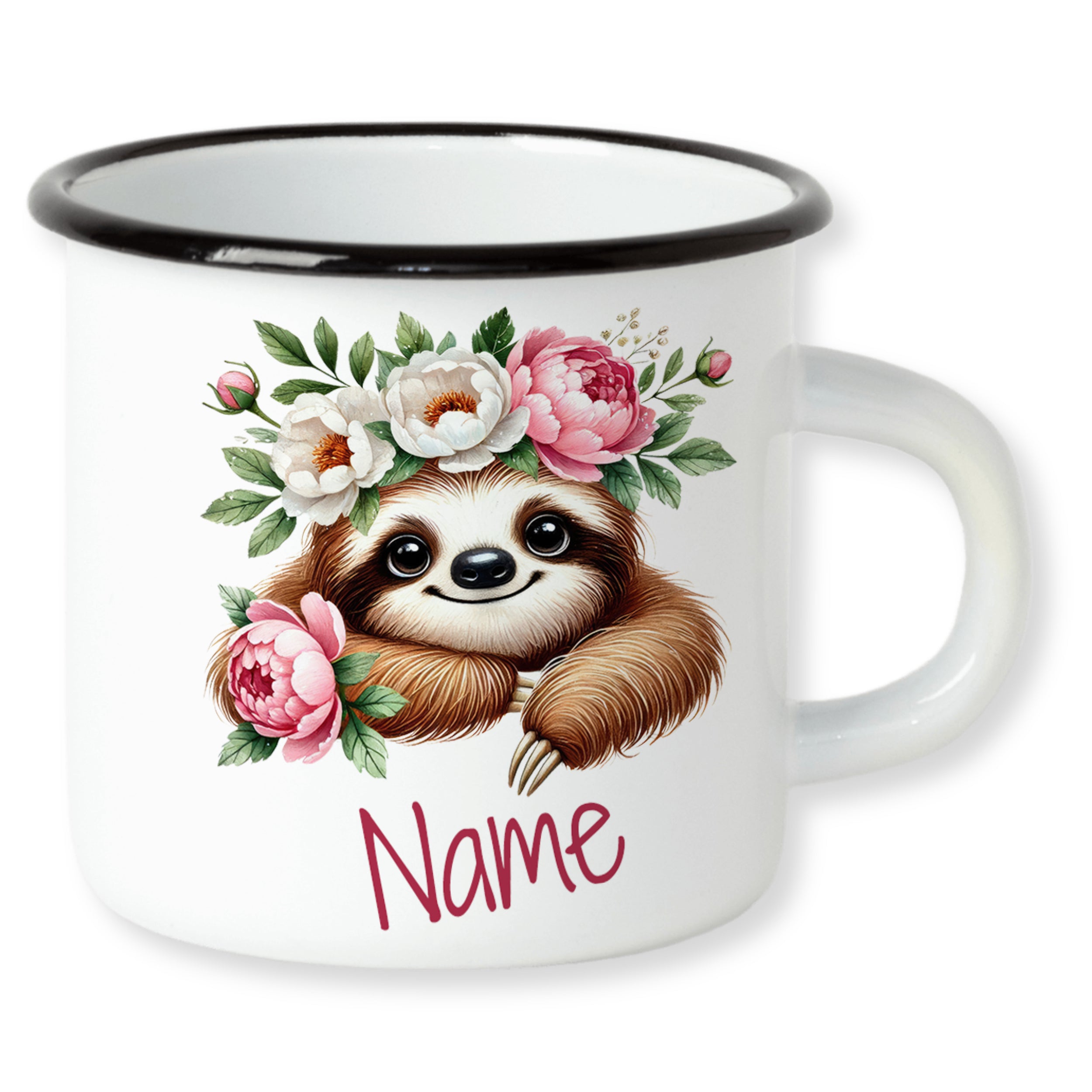 Emaille Becher Faultier mit Blumen