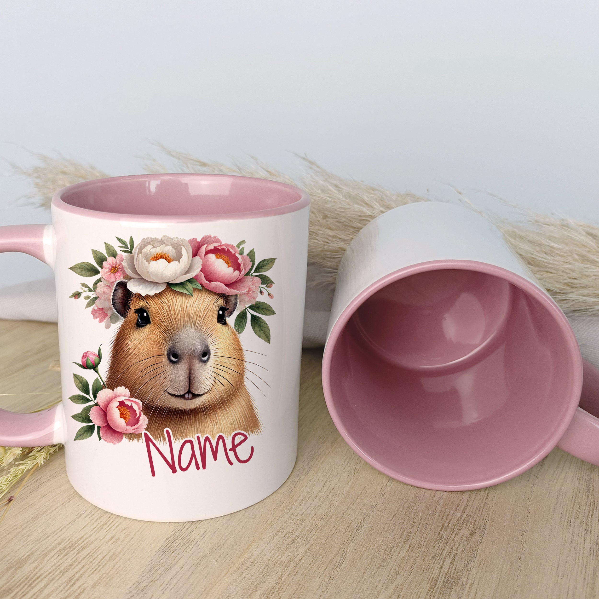 Personalisierte Tasse Capybara mit Blumen