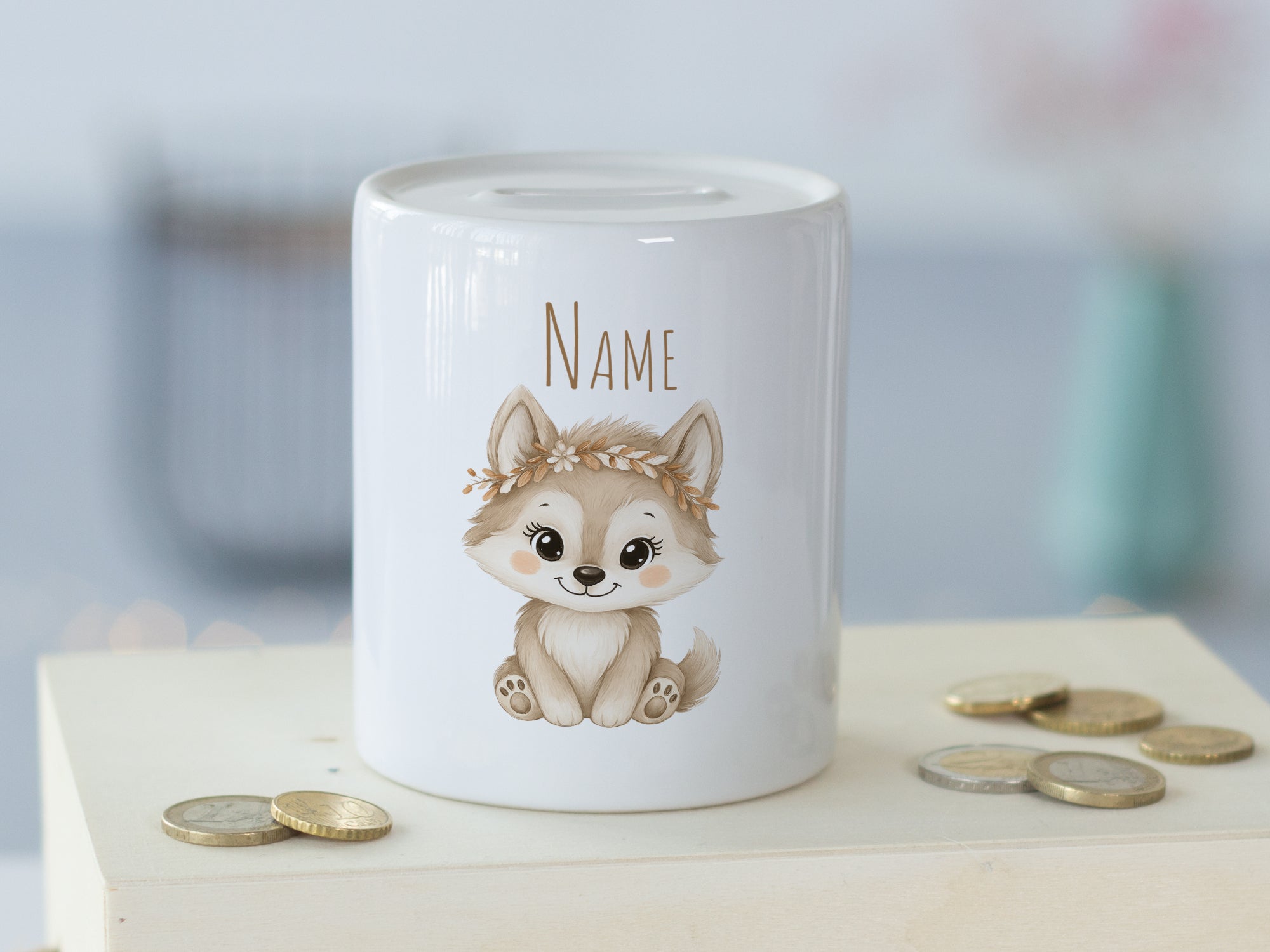 Spardose mit niedlichem Wolf