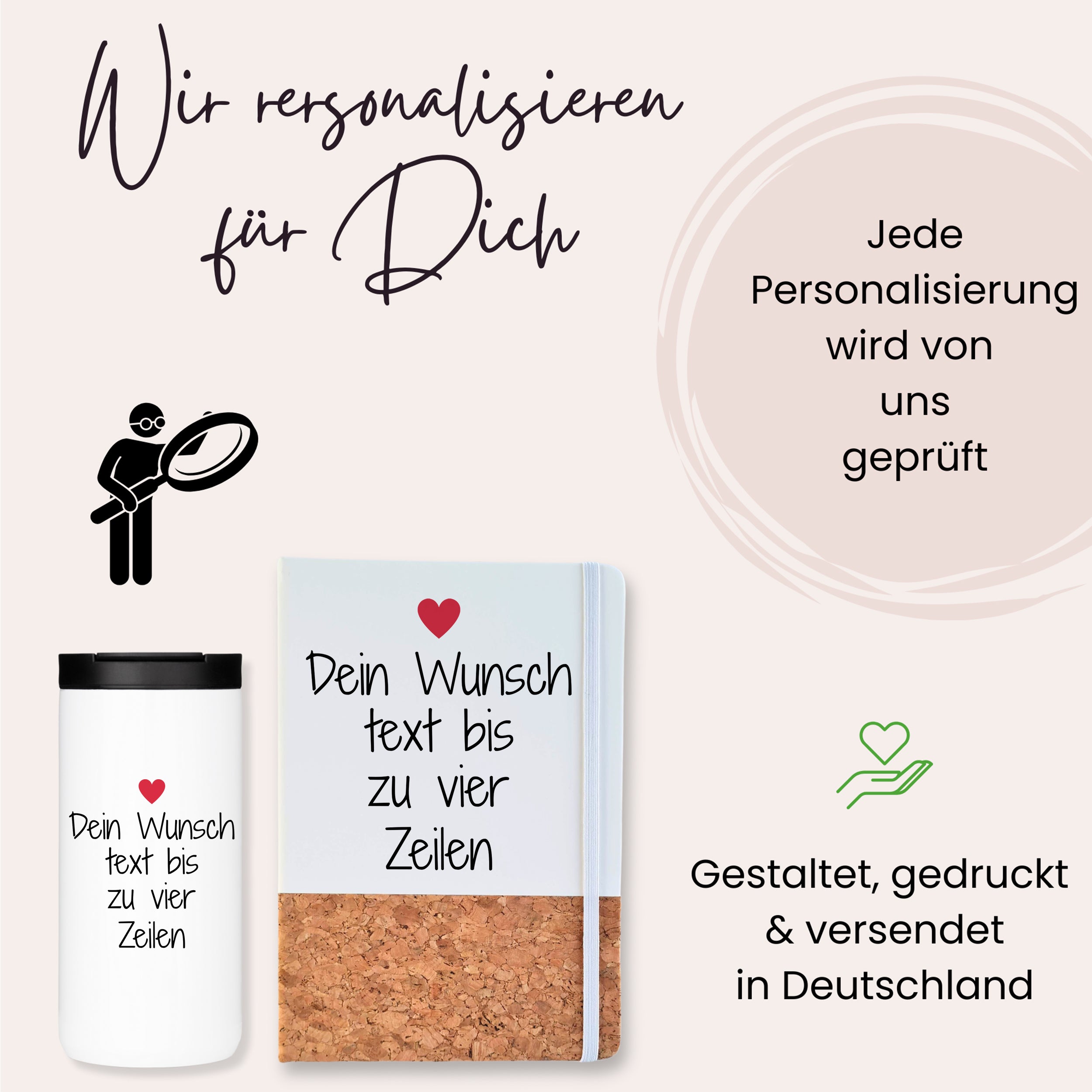 Personalisierte Tasse und Notizbuch in Weiß und Kork.