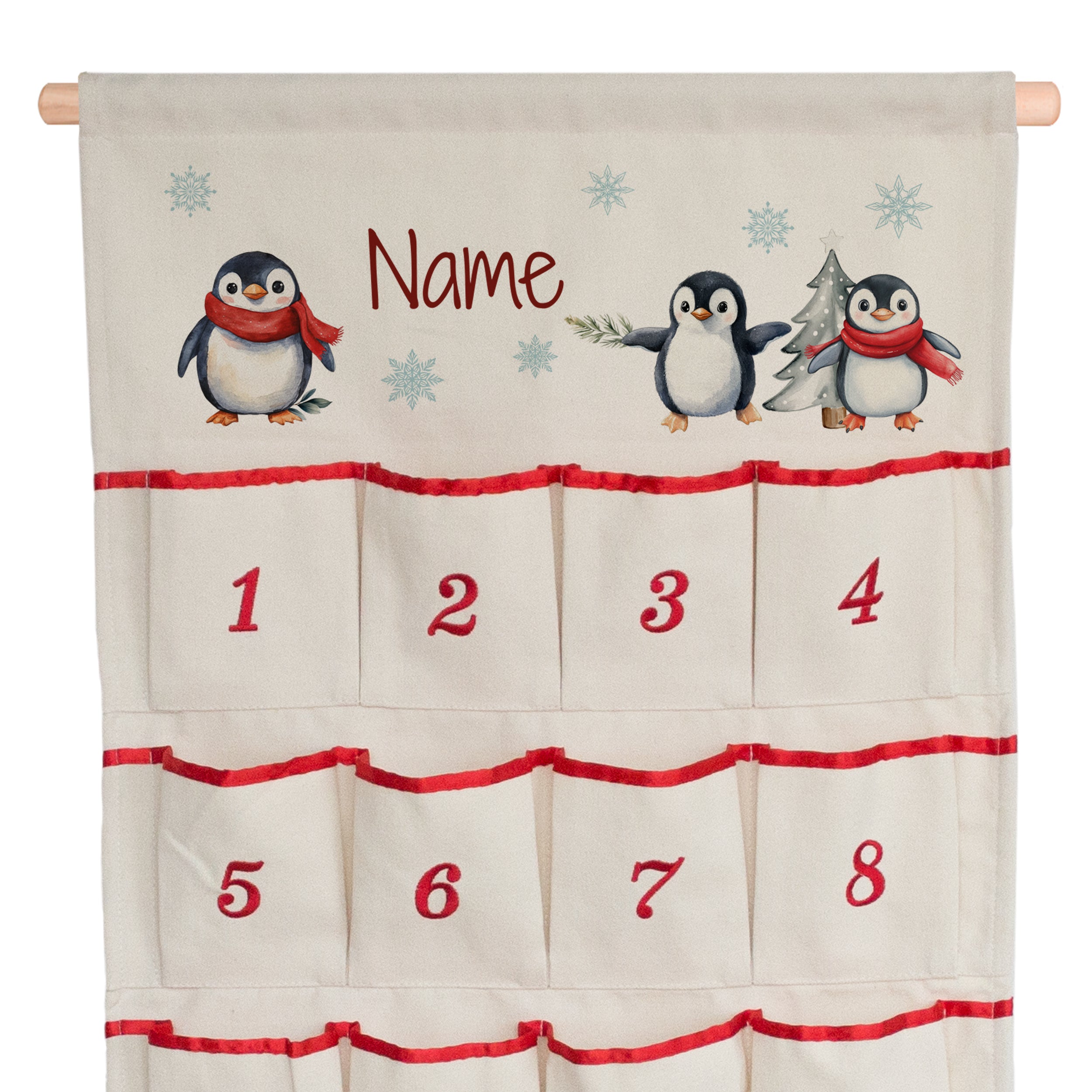 Adventskalender mit Pinguinen, beige, rote Akzente, 8 Taschen.