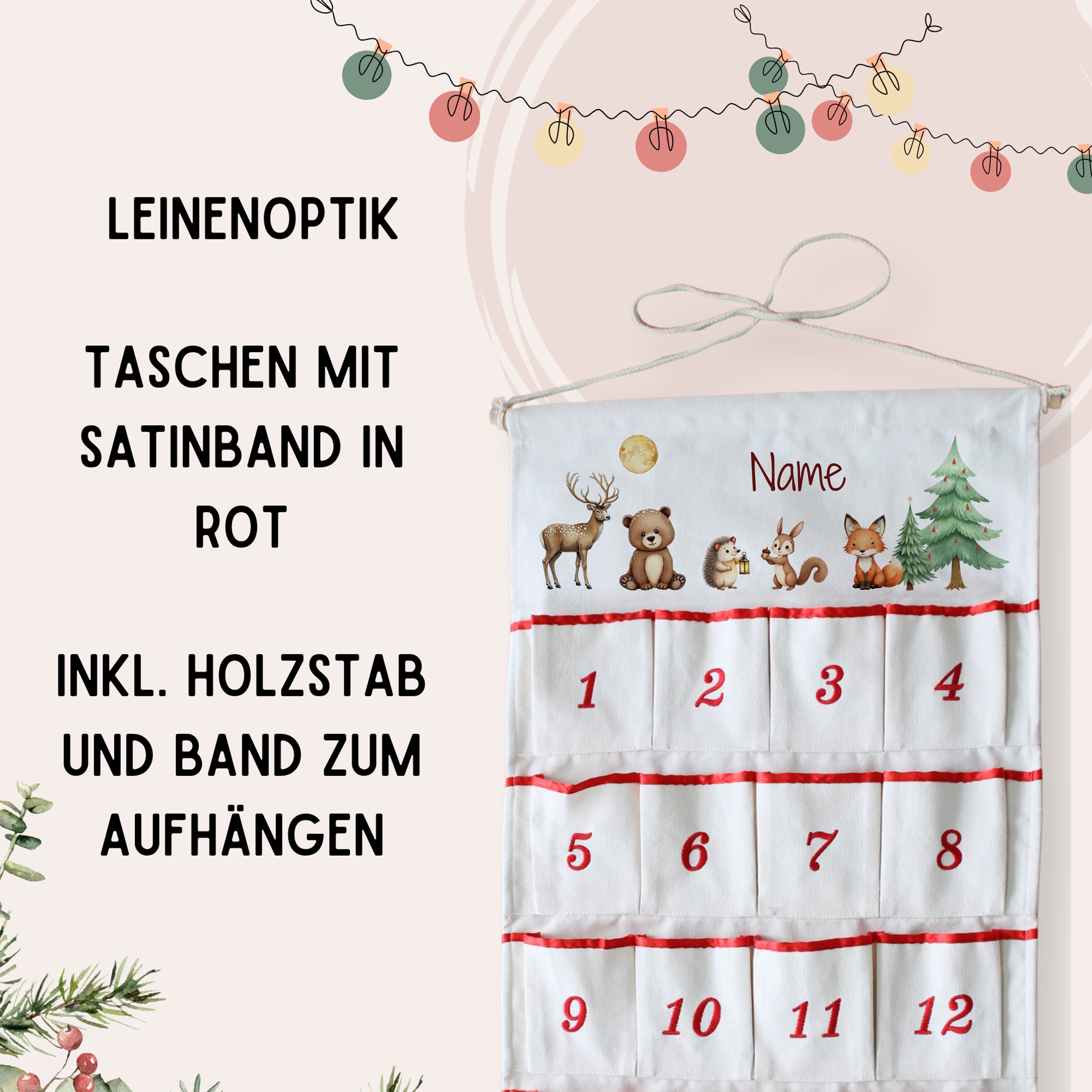 Adventskalender in Leinenoptik mit roten Taschen und Holzstab.