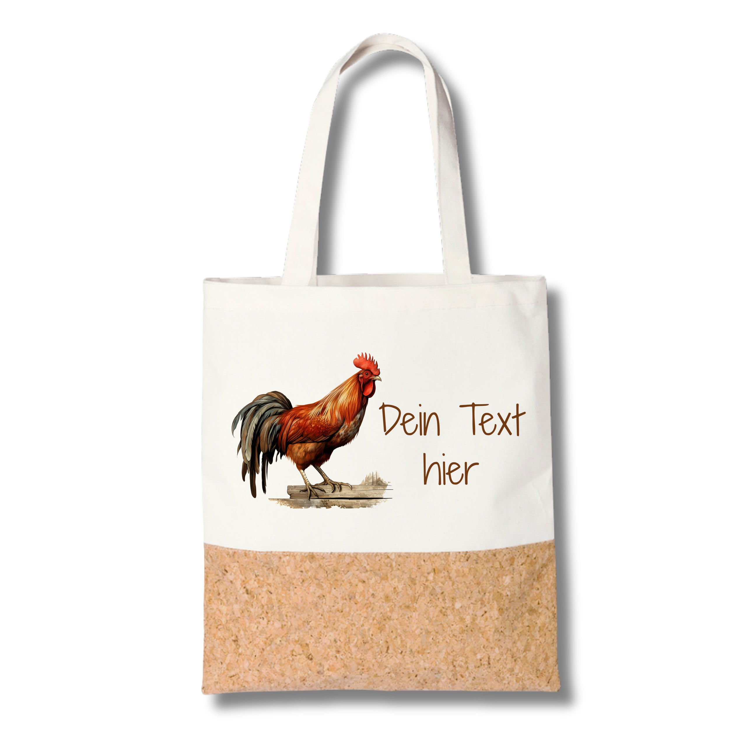 Stofftasche mit Huhn-Motiv und Korkboden.