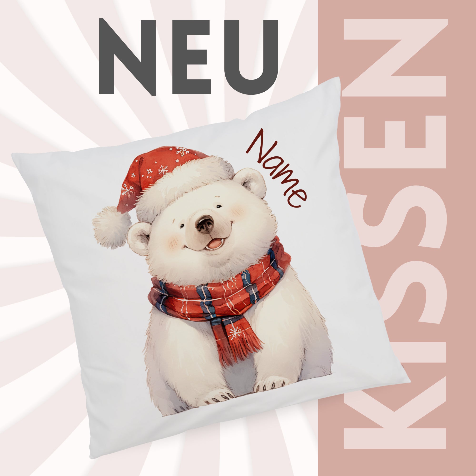 Kissen mit niedlichem Eisbären, rotem Weihnachtsmütze und Schal.