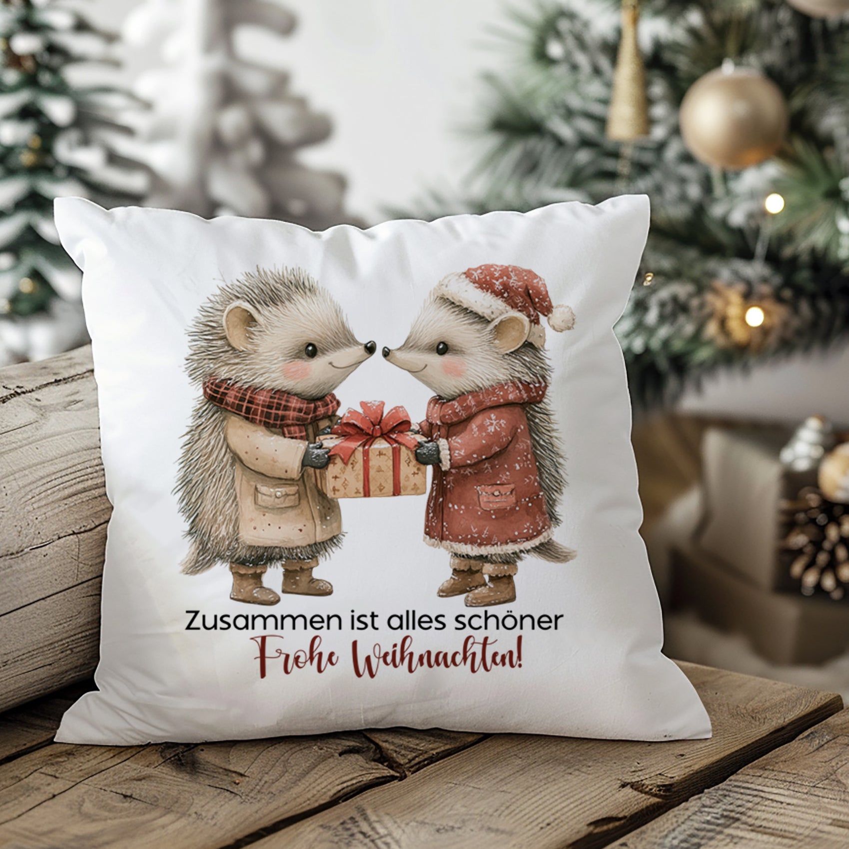 Kissen mit Igeln, Weihnachtsgeschenk, festliche Farben, "Frohe Weihnachten!"