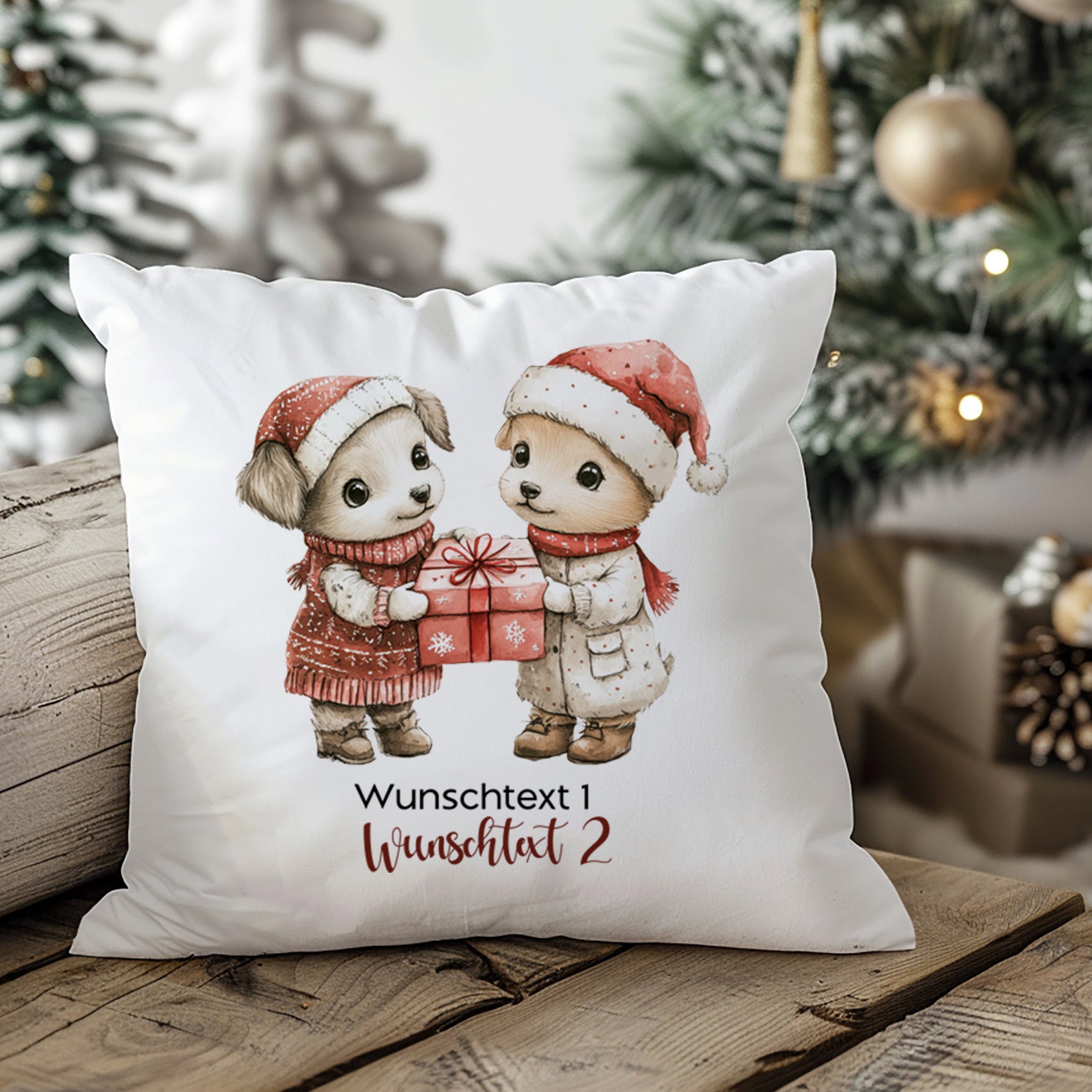 Kissen mit zwei niedlichen Hunden in Weihnachtskleidung.