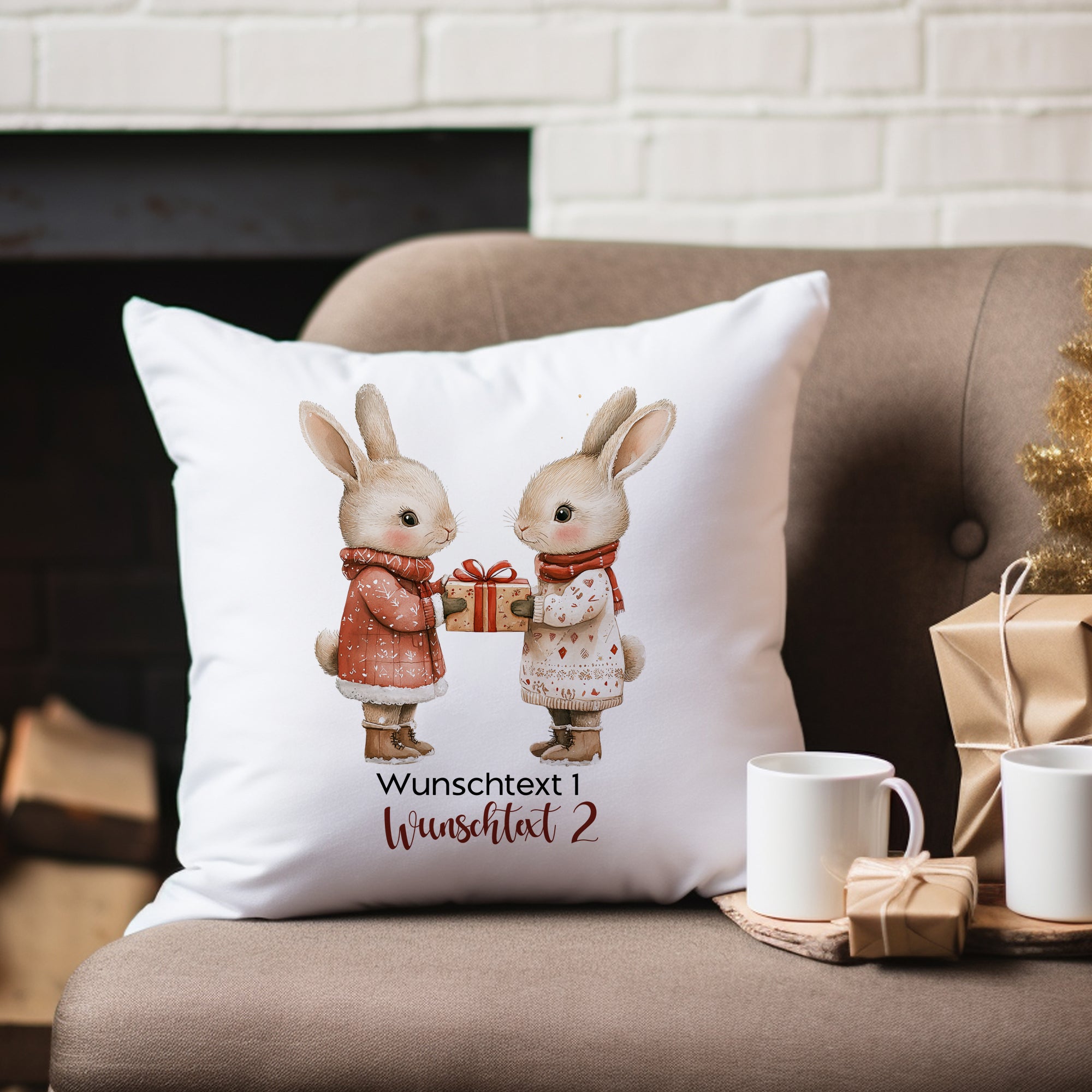 Kissen mit zwei Hasen, rot-weiße Kleidung, Geschenk.
