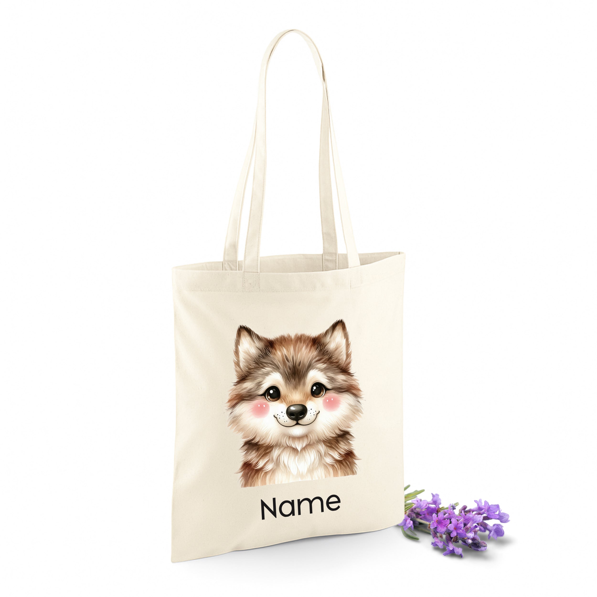 Beige Tasche mit süßem Fuchs-Motiv und personalisierbarem Namen.