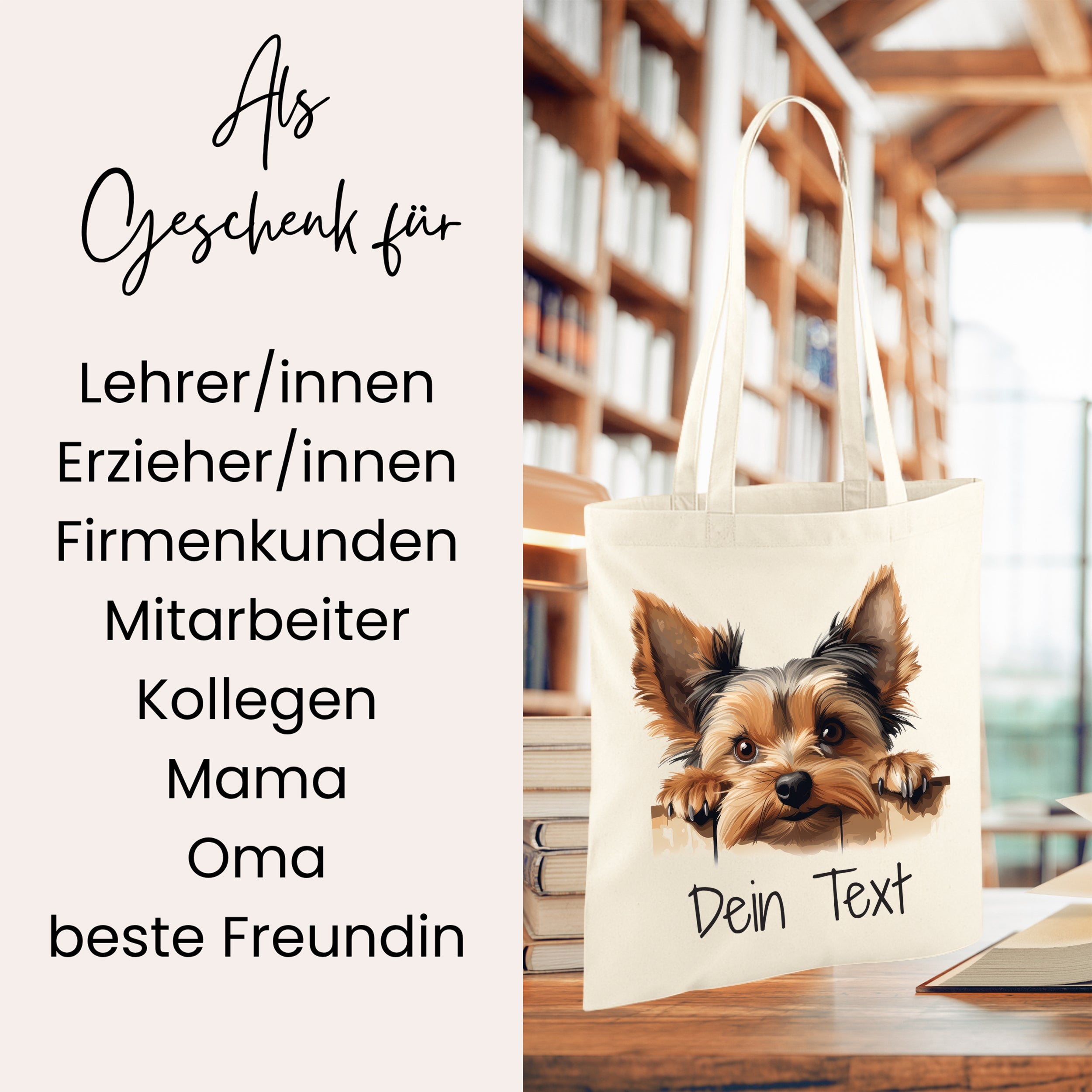 Beige Tasche mit Yorkshire Terrier und personalisierbarem Text.
