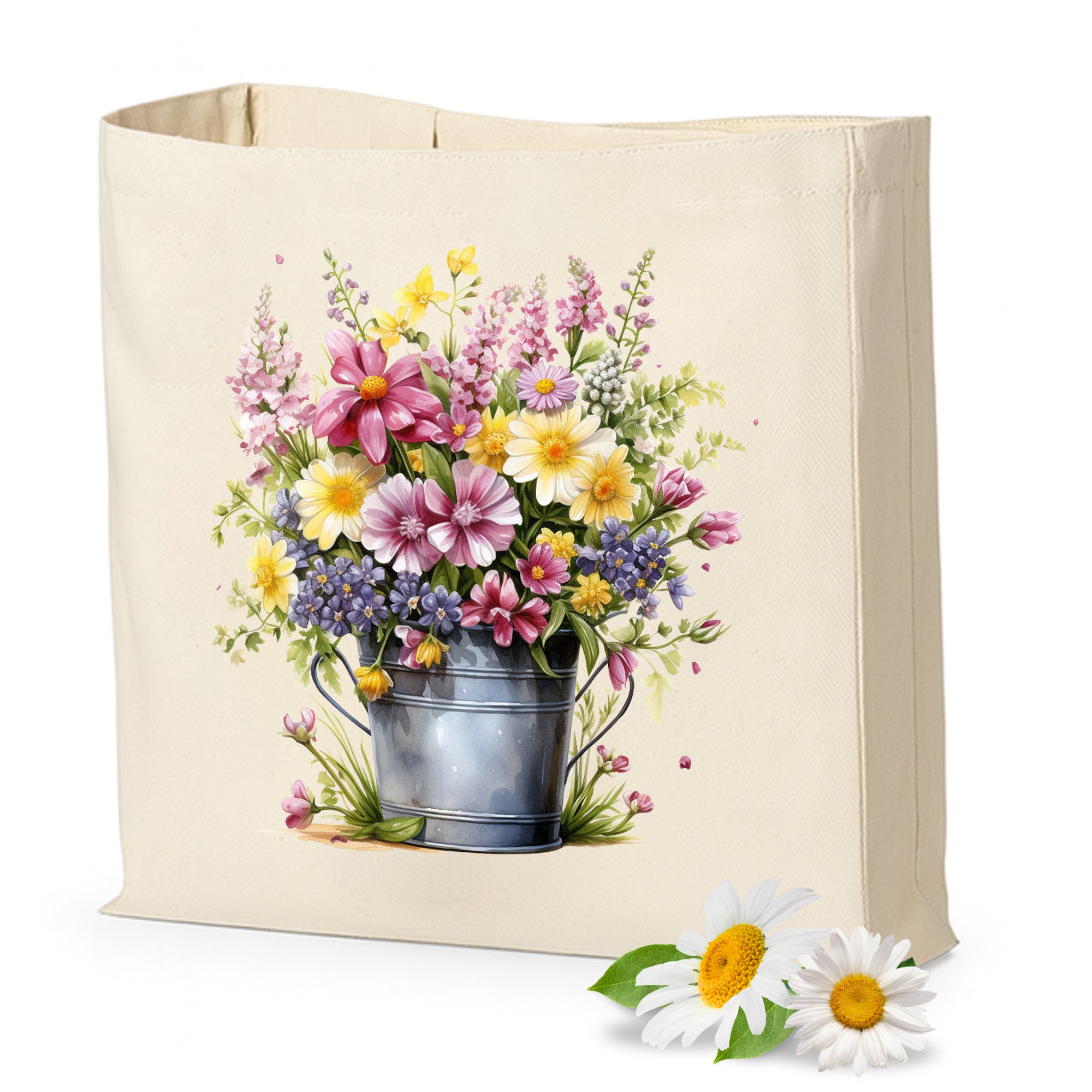 Beige Tasche mit bunten Blumen und Eimer-Motiv.