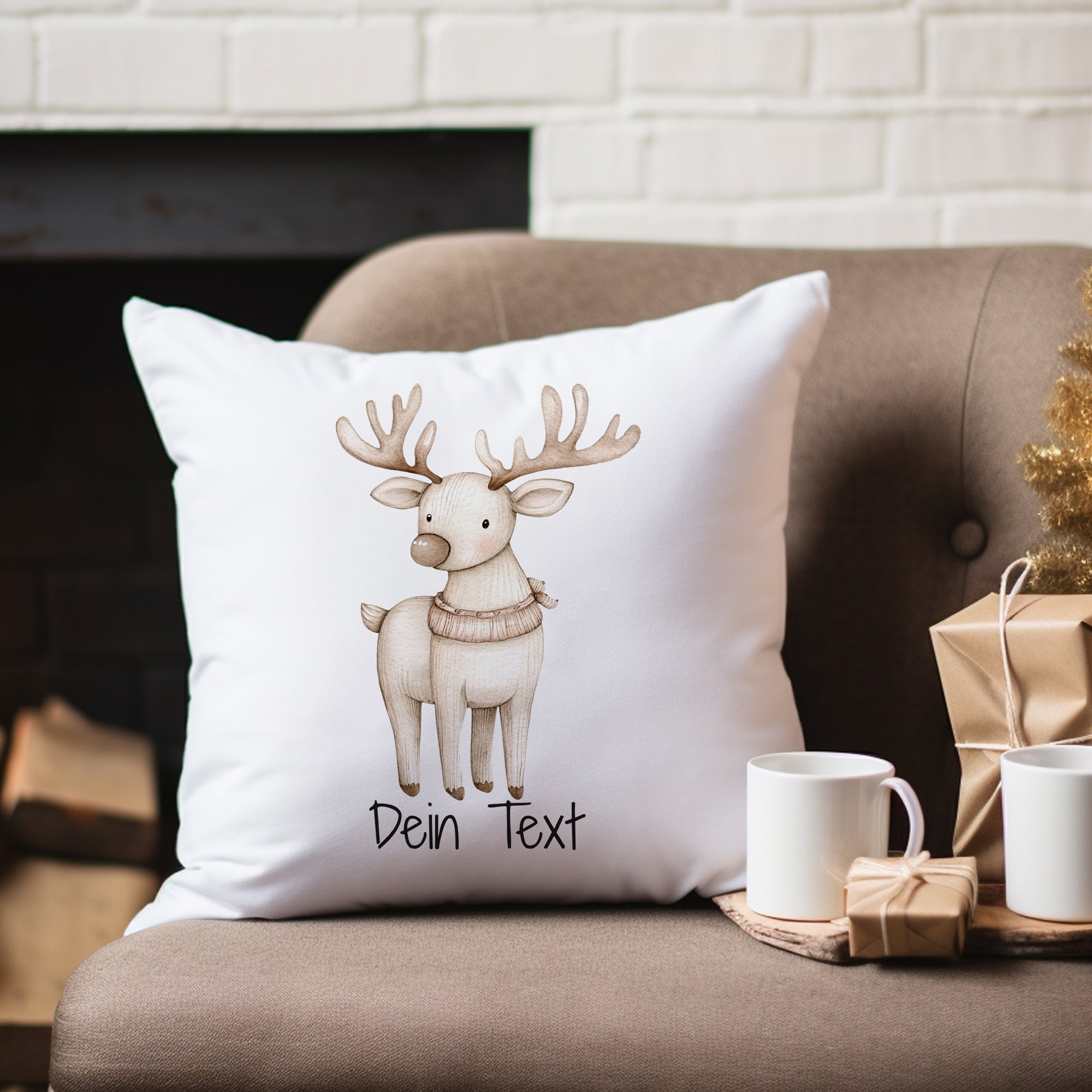 Kissen mit Rentier-Motiv und personalisierbarem Text.