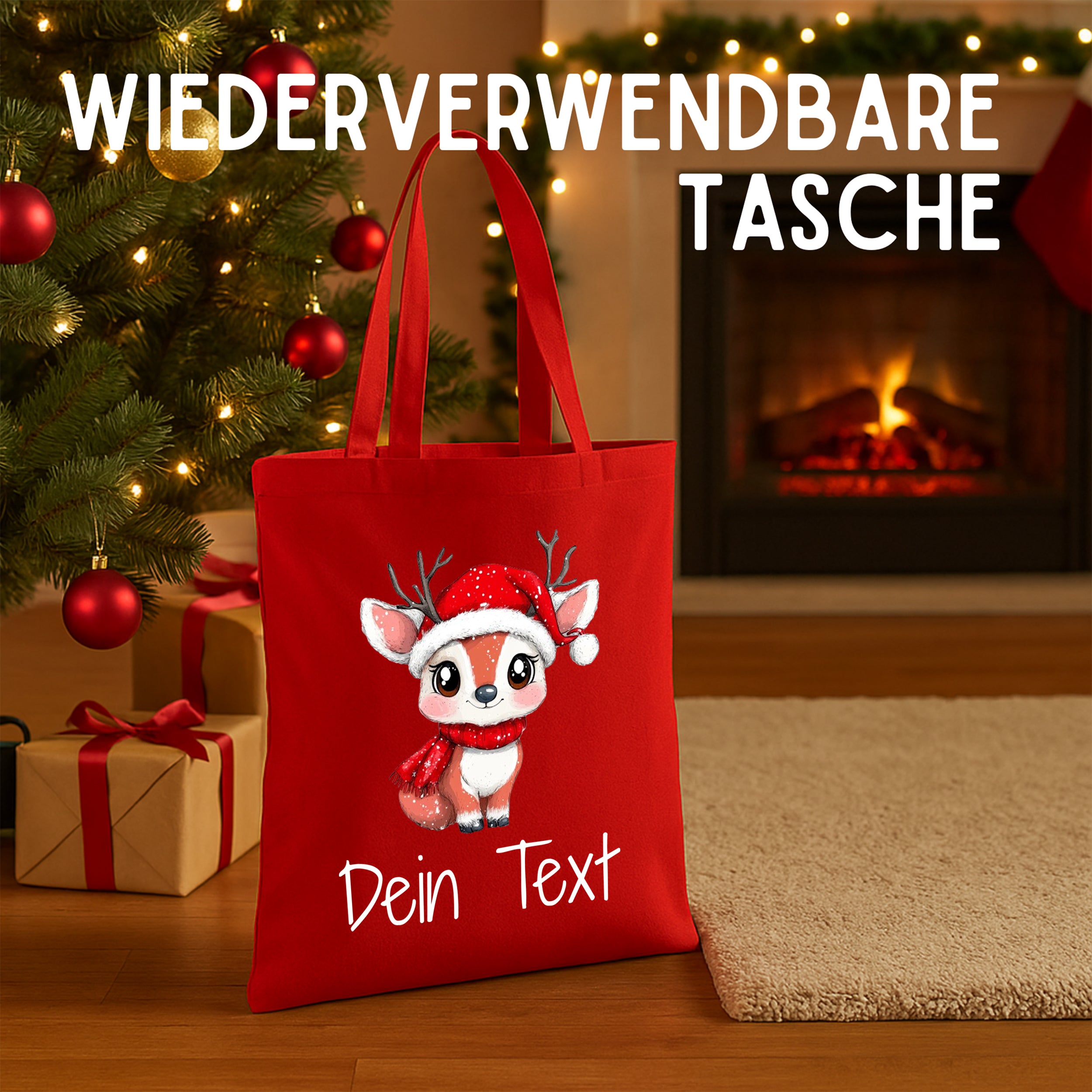 Wiederverwendbare rote Tasche mit niedlichem Weihnachtsreindeer-Motiv.