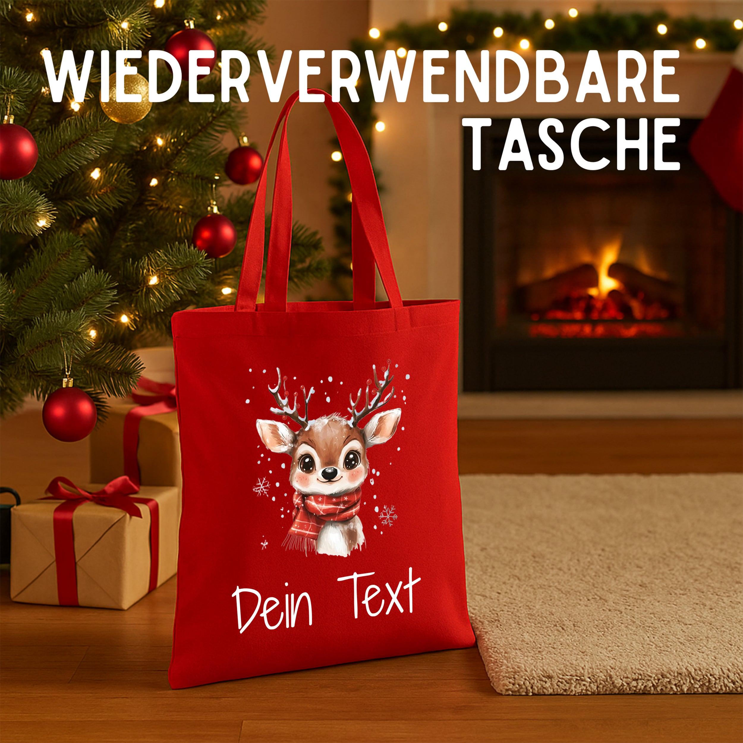 Wiederverwendbare rote Tasche mit niedlichem Rentier-Motiv.