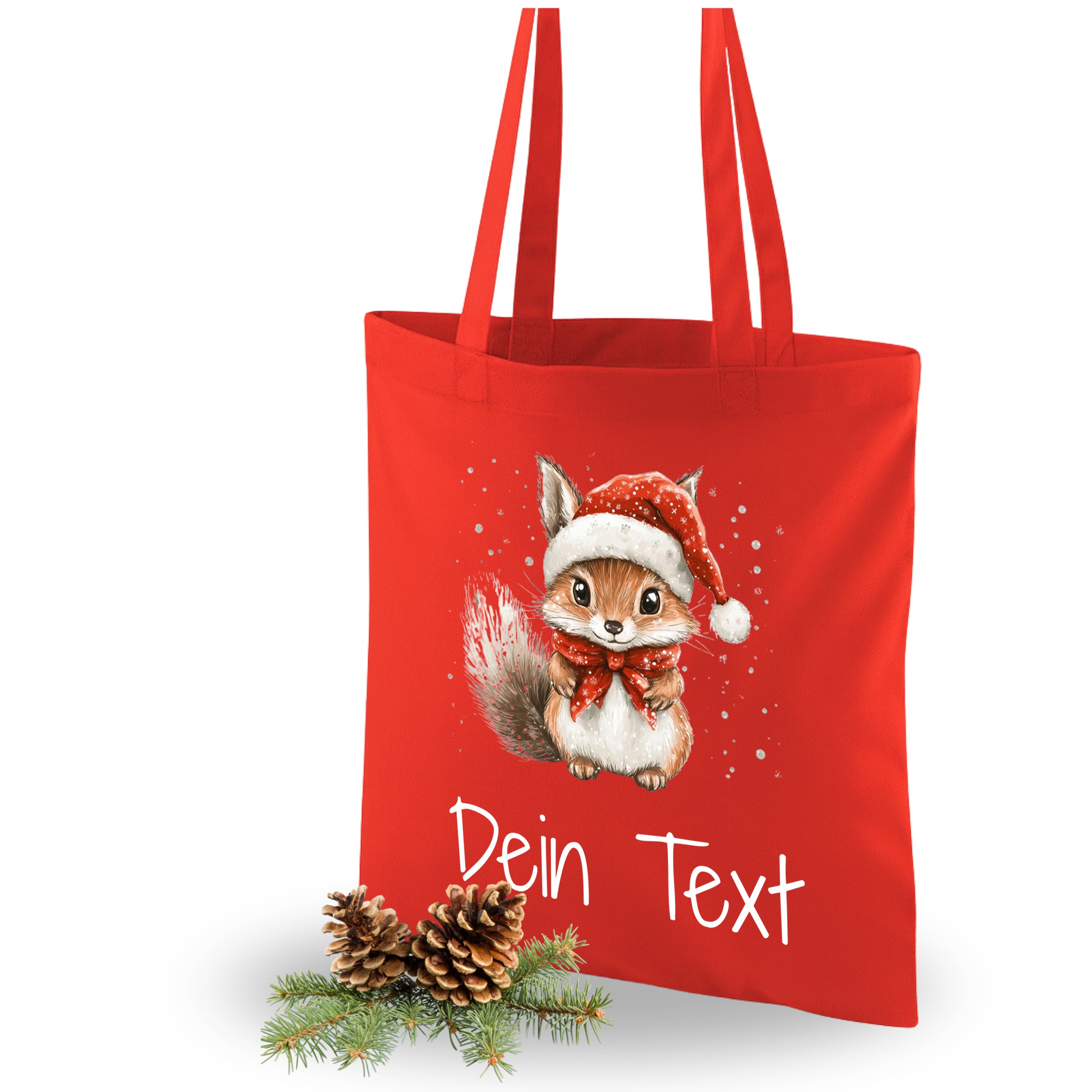 Rote Stofftasche mit Weihnachtsfuchs und personalisiertem Text.
