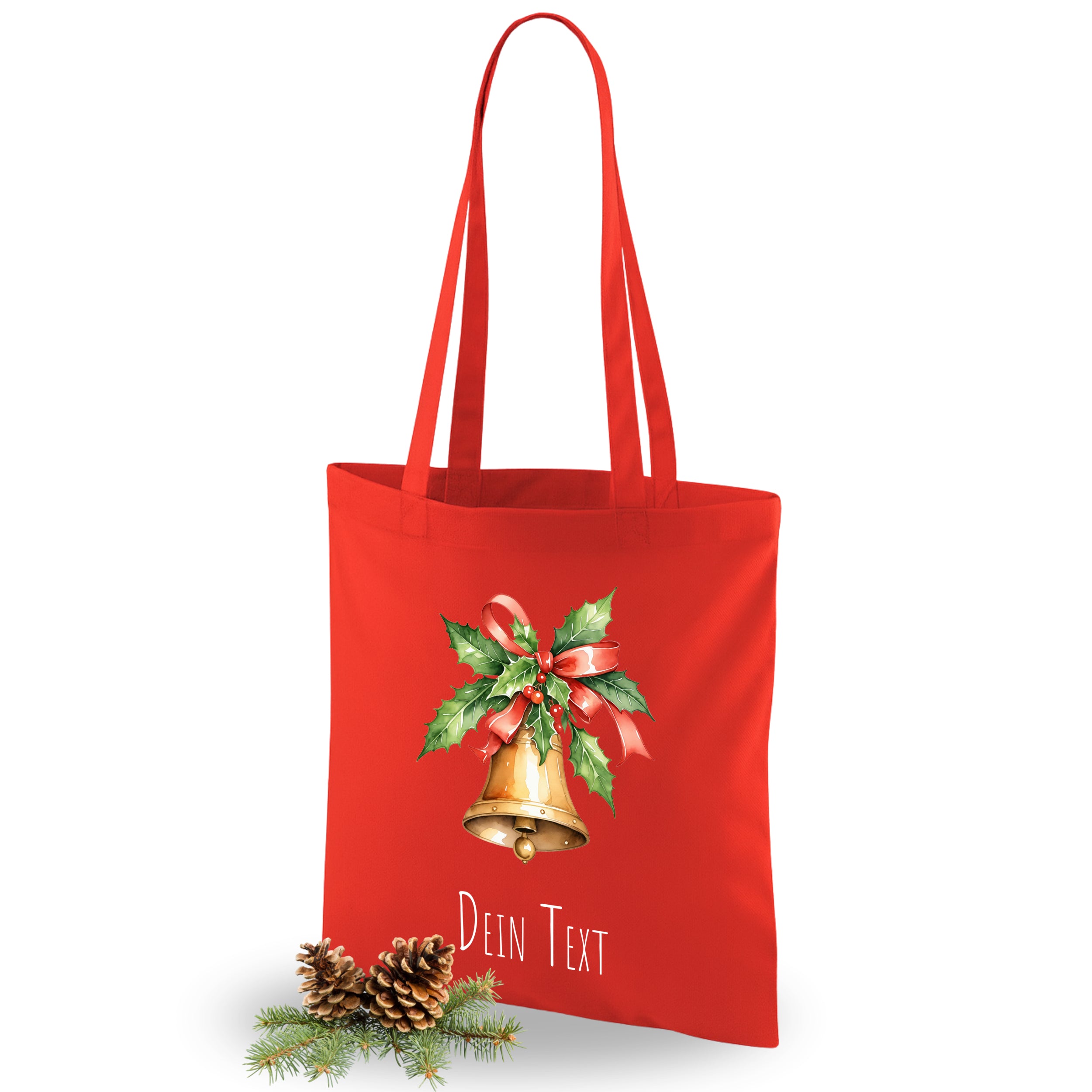 Rote Tragetasche mit Glocke und Weihnachtsdekor.