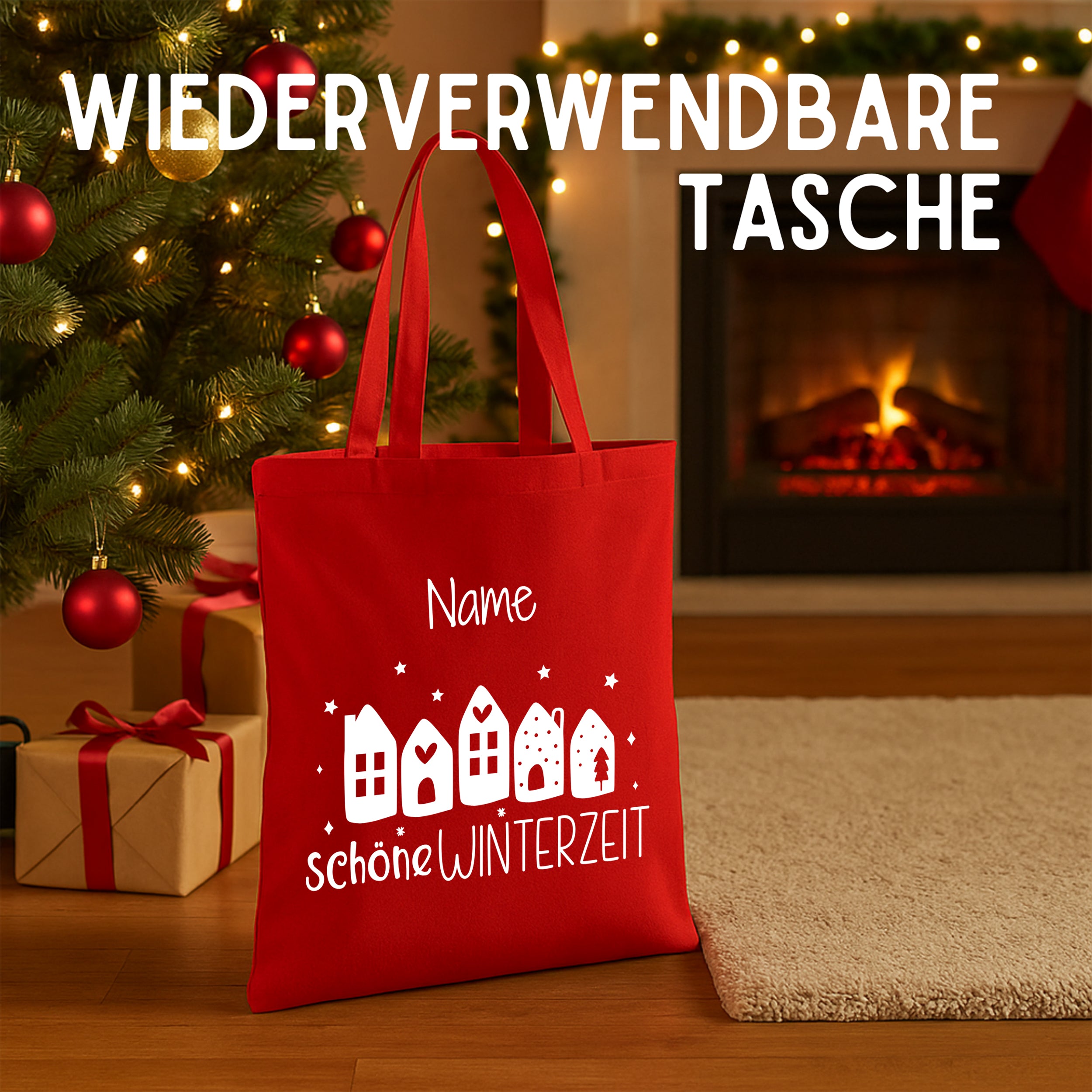Rote wiederverwendbare Tasche mit winterlichem Hausdesign.