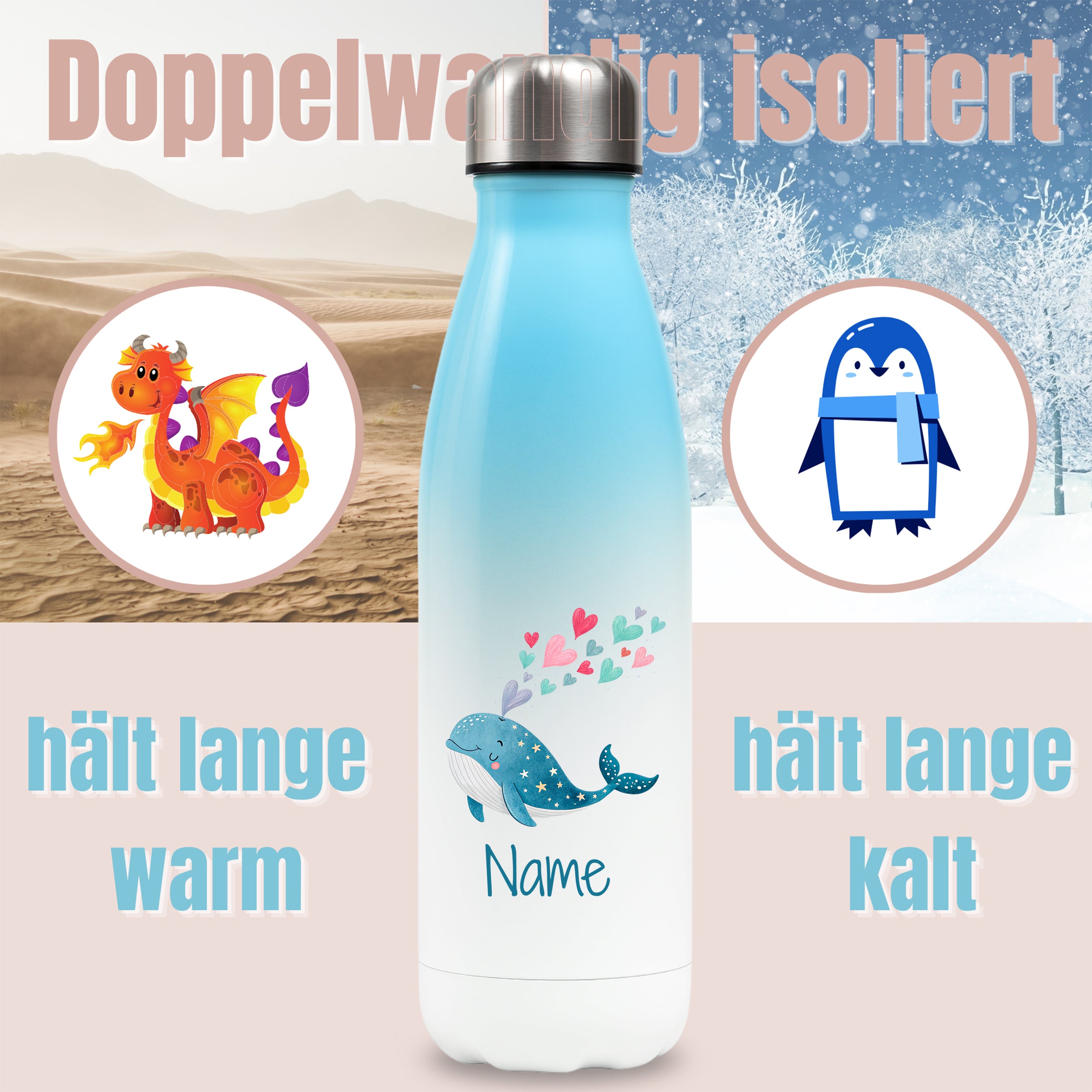 Thermosflasche Blau mit Wal