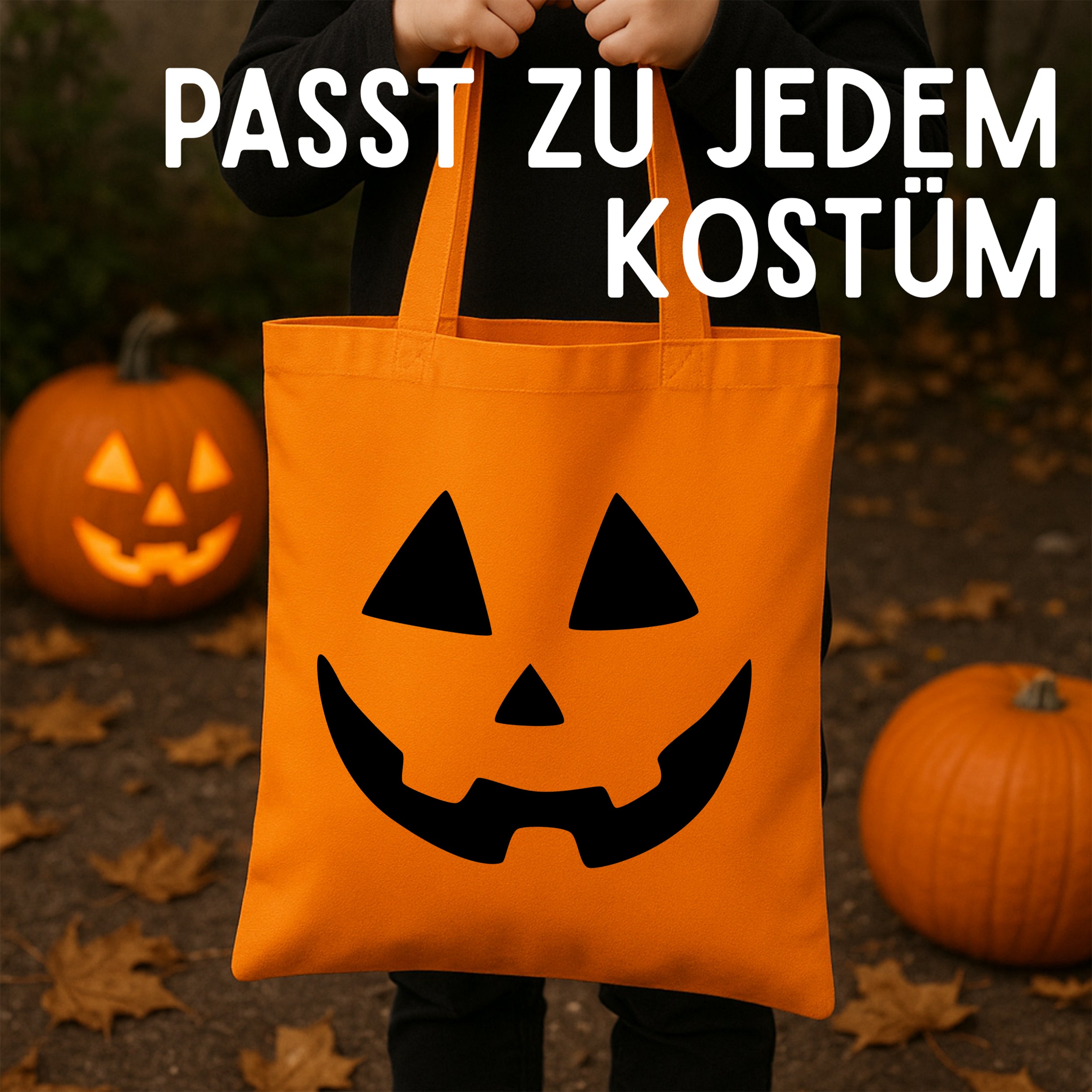 Orange Tasche mit Halloween-Kürbis-Gesicht, passend zu Kostümen.