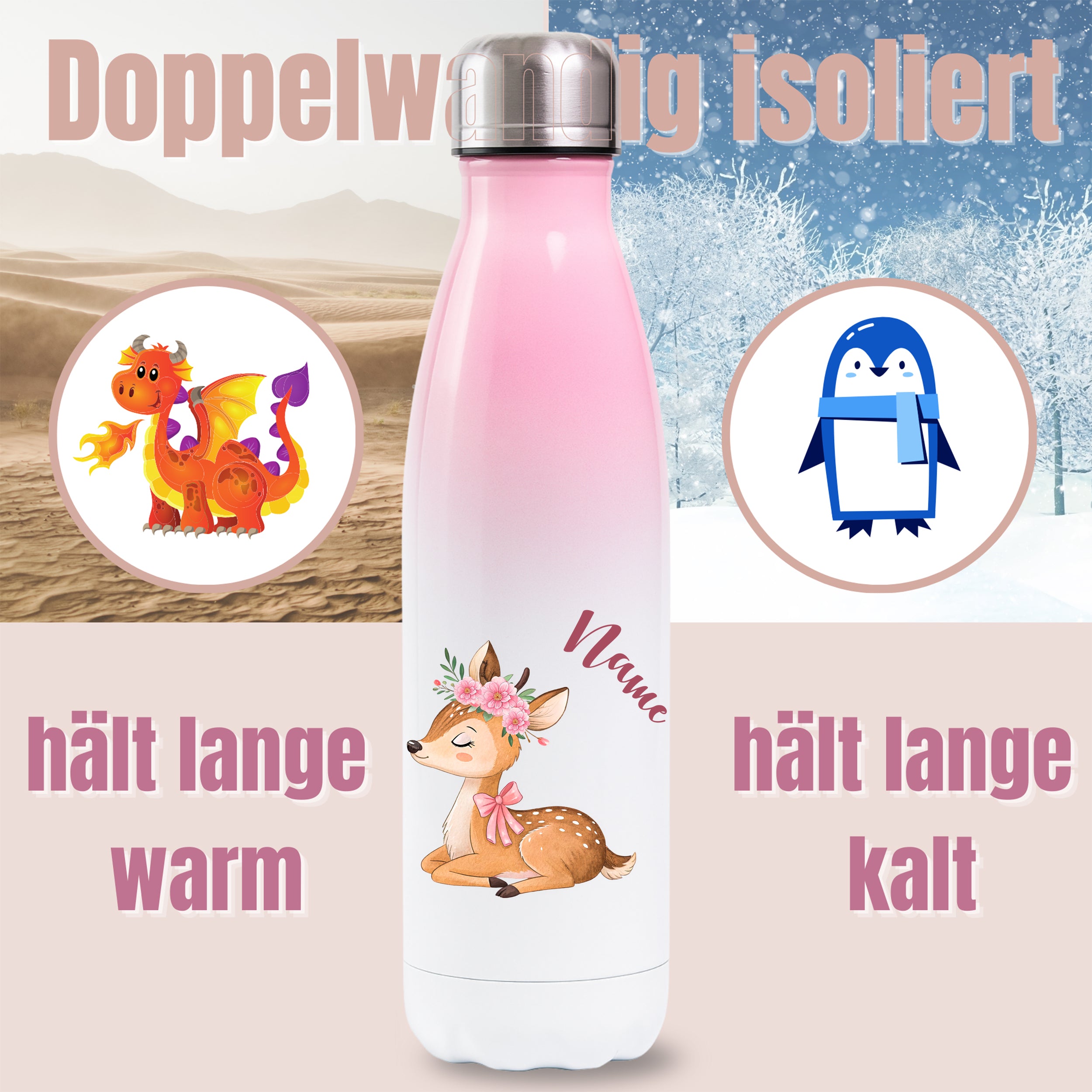 Thermosflasche Rosa mit Reh