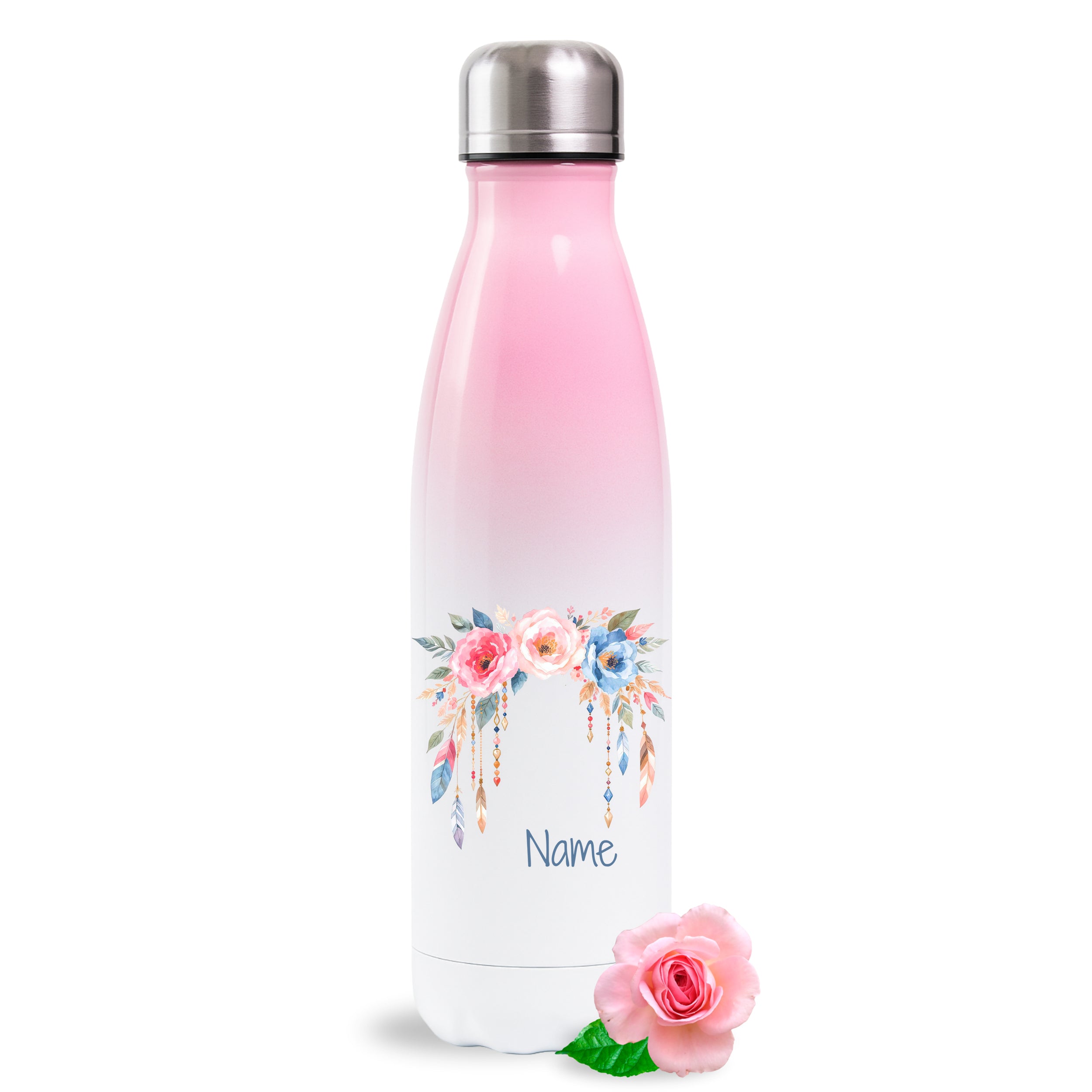 Thermosflasche Rosa mit Blumenmotiv