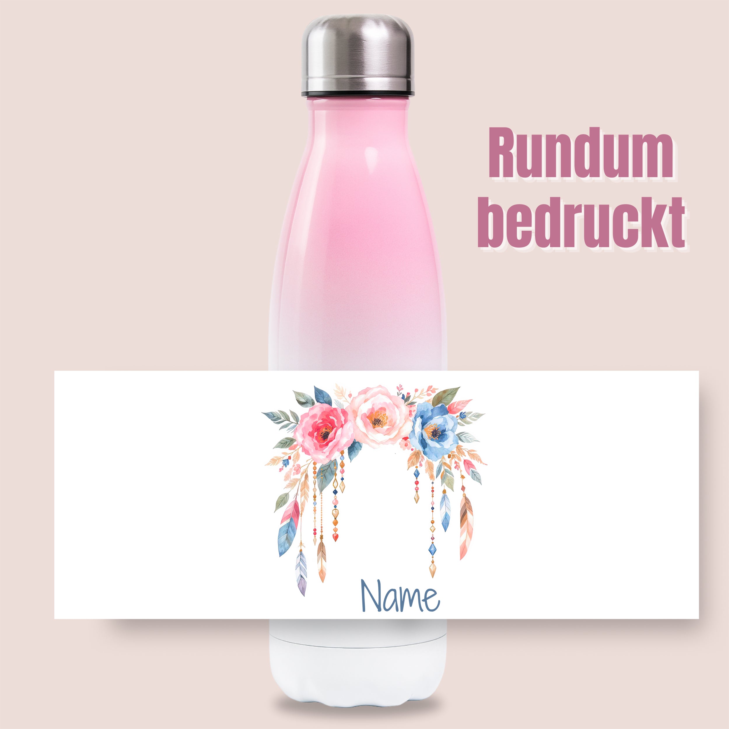 Thermosflasche Rosa mit Blumenmotiv