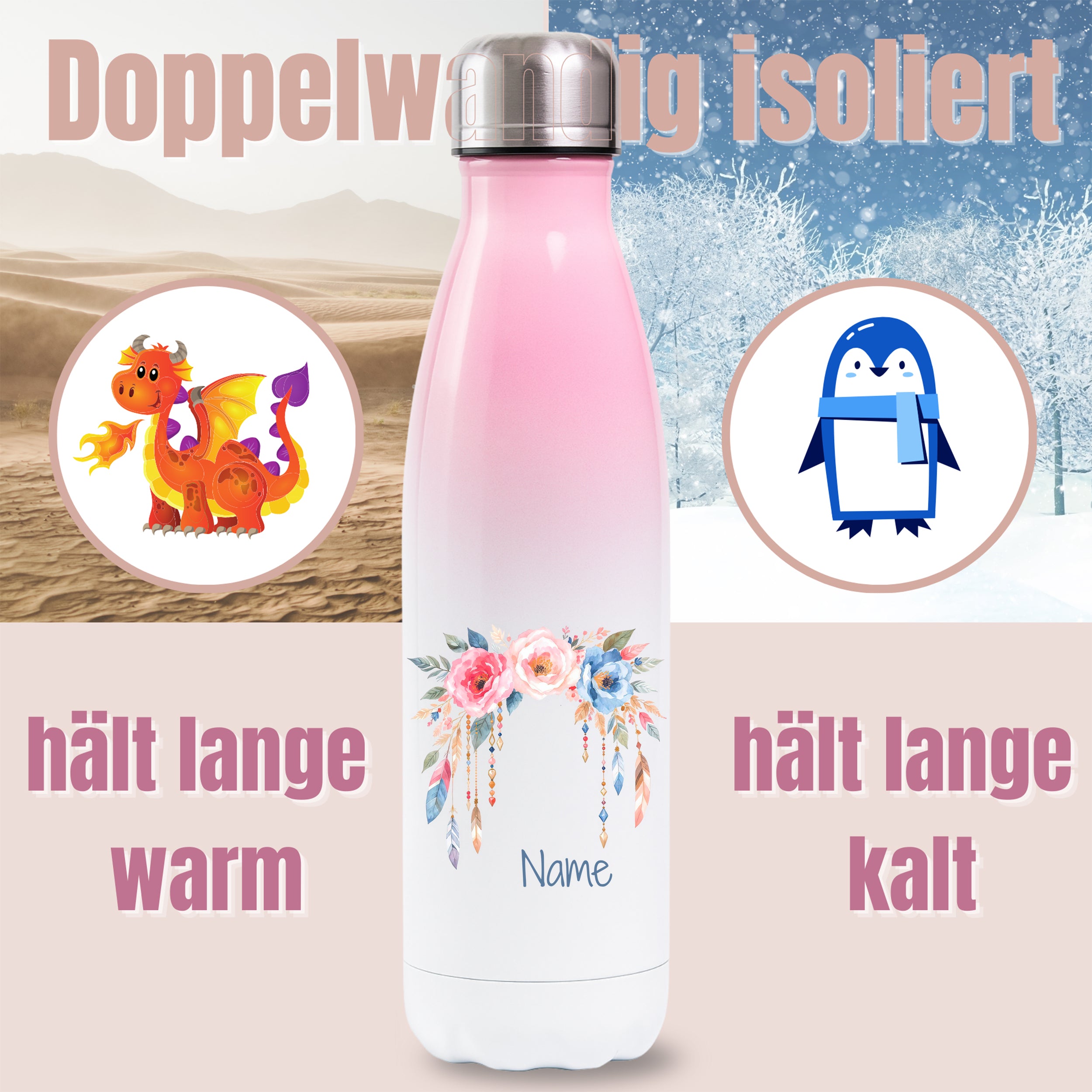Thermosflasche Rosa mit Blumenmotiv