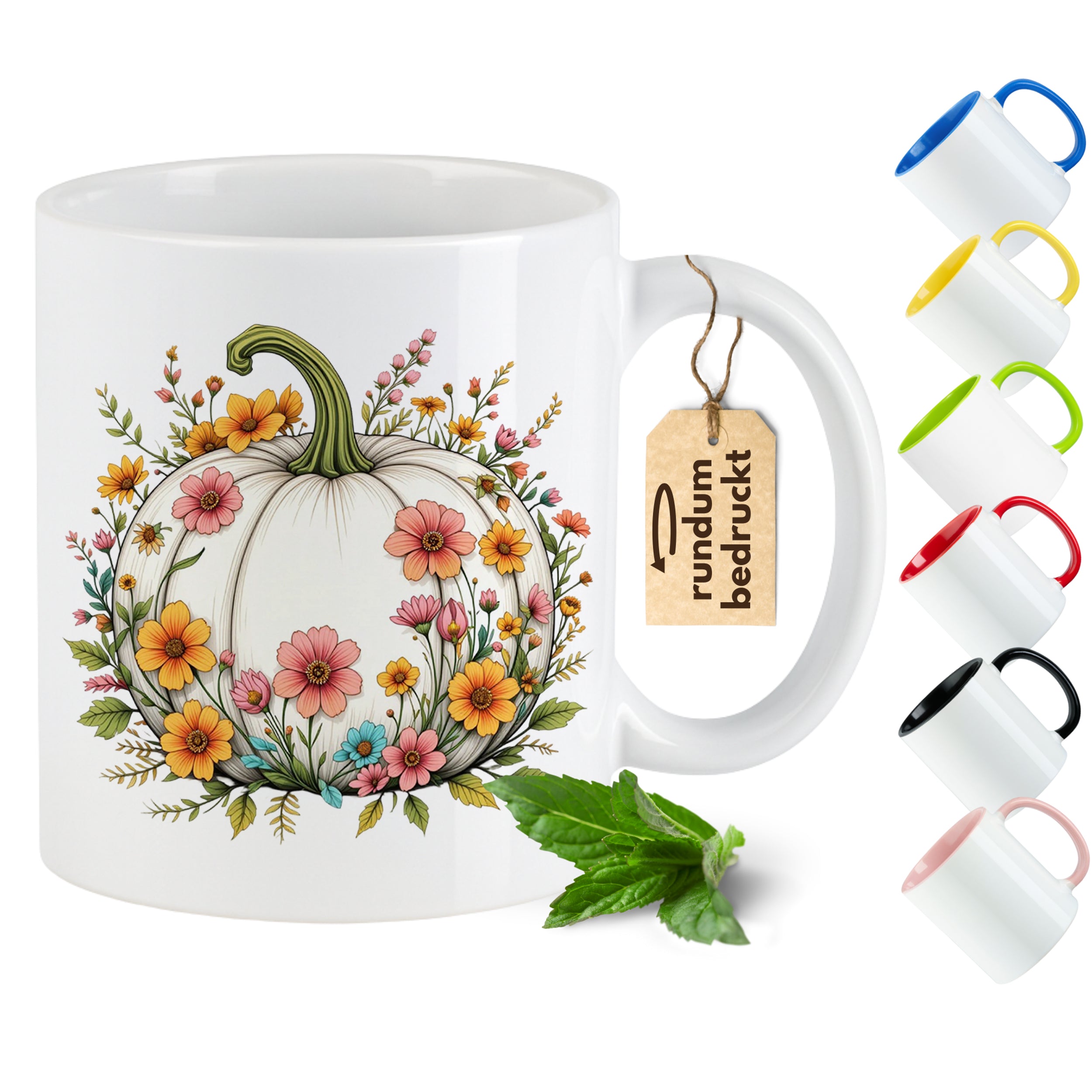 Tasse mit Kürbis und Blumen